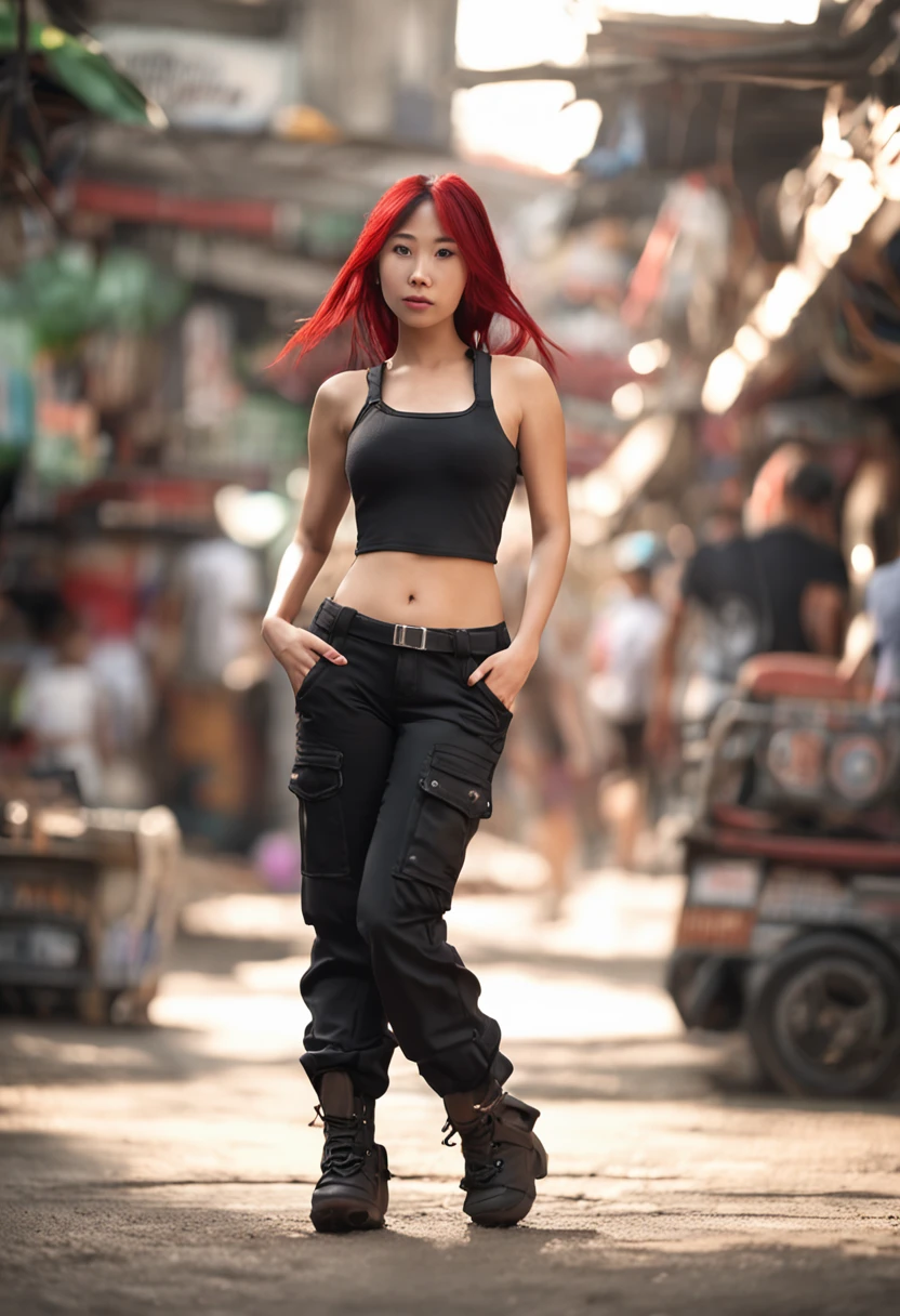 skinny asian woman with large breasts and red hair worn pig tails wearing black cargo pants, high heals and a white bikini top, photorealistic, standing