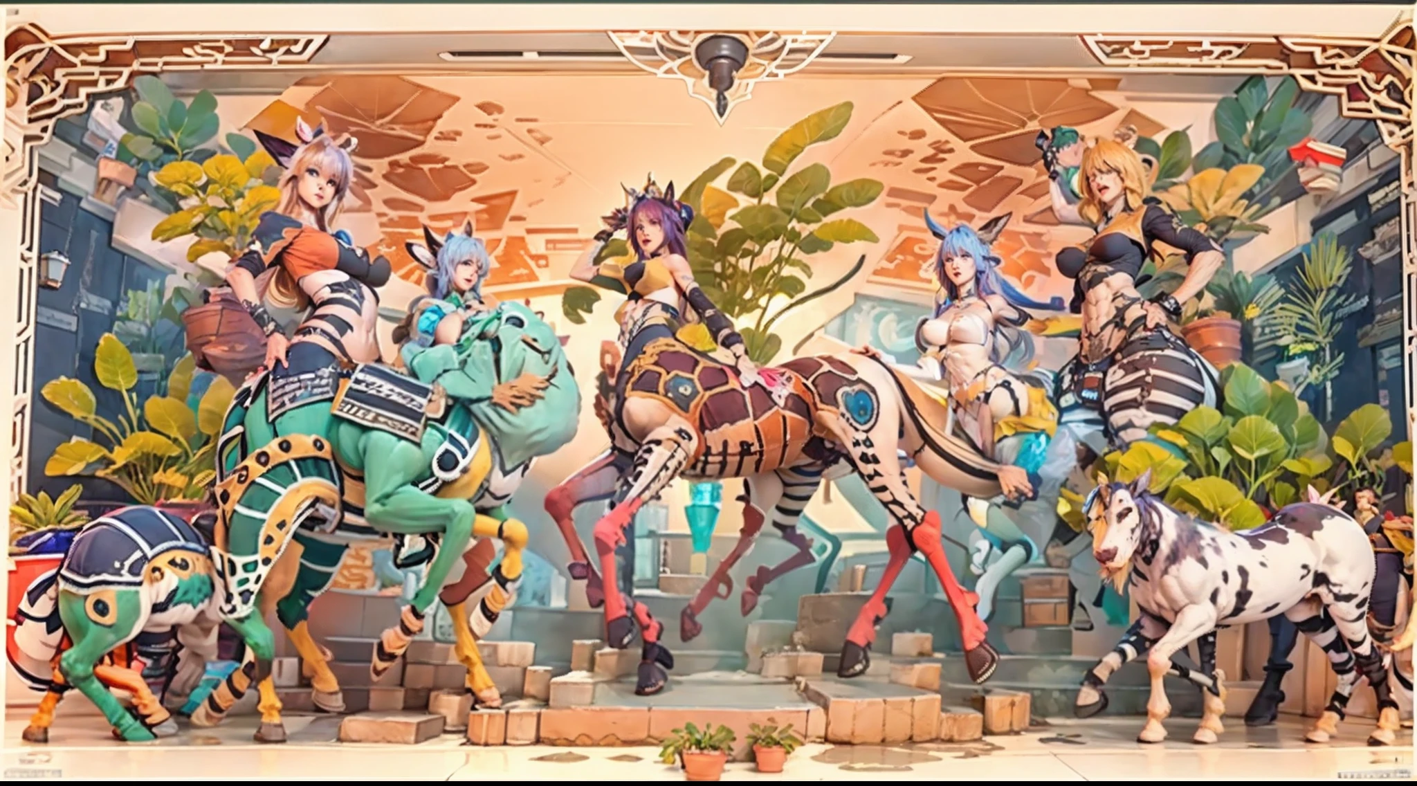 In the beautiful illustration of this super-grand scene,The ultra-long-range lens is shown(Eight unique centaur characters:9.9),They all have their own characteristics,Vivid and interesting。Radiant angelic centaurs from the heavenly realm,To the hellish centaurs surrounded by nightmarish flames,And then to the Wind Immortal Centaur dancing in the air,There are also one-horned centaurs surrounded by thunder and lightning,and mechanical centaurs that shine with metallic light,And then to the powerful dragon centaur with colored dragon scales covering the whole body,The elegant and agile elf centaur always wears a flower crown with its slender and graceful lines,Enchanting and charming Tiflin centaurs。Each character has their own unique charms and abilities。The illustration uses advanced artistic techniques and tools,(Divide the scene into sections by geometric arrangement:9.9),Each section corresponds to a centaur character,This makes more efficient use of space。Through Midjourney's advanced brush tools、Color palette、Material packs and model packs,Exquisite costumes and equipment are designed for each centaur,Enhances the character's personality and visual appeal。The scenery in the illustrations is stunning,There are changing skies、rainbowing、extreme light、Stars and Moon。Incorporating iconic landmarks such as Mount Everest,and fireworks、tranquil lake、Natural and urban elements of waves and neon lights,Creates a magical atmosphere。The centaurs showed off their skills and equipment in a variety of environments,This is true even in extreme alien landscapes。(Use Midjourney's tools、Material packs、Texture tools、The color palette makes depicting details vivid and realistic:9.9),From intricate hairstyles and clothing to authentic textures,Enhances the realism of the characters and surroundings。The fusion of multiple art styles adds movement to the centaur's movement at all angles,The overall visual experience is further enriched。The final illustration was described as a "mast