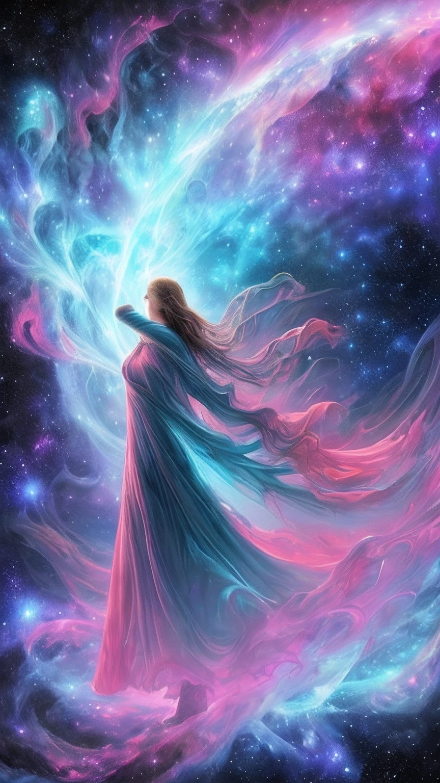 inconceivable and spectacular a scene of emergence of a figure from the glowing cloud, fractal nebula threads, cosmic entities, celestial, cosmic, vibrant and vivid, swirls, twirling, unrealistic, high contrast, symobolism, magical, mystical, mystifying, hyperrealistic, oversaturate, colorfully