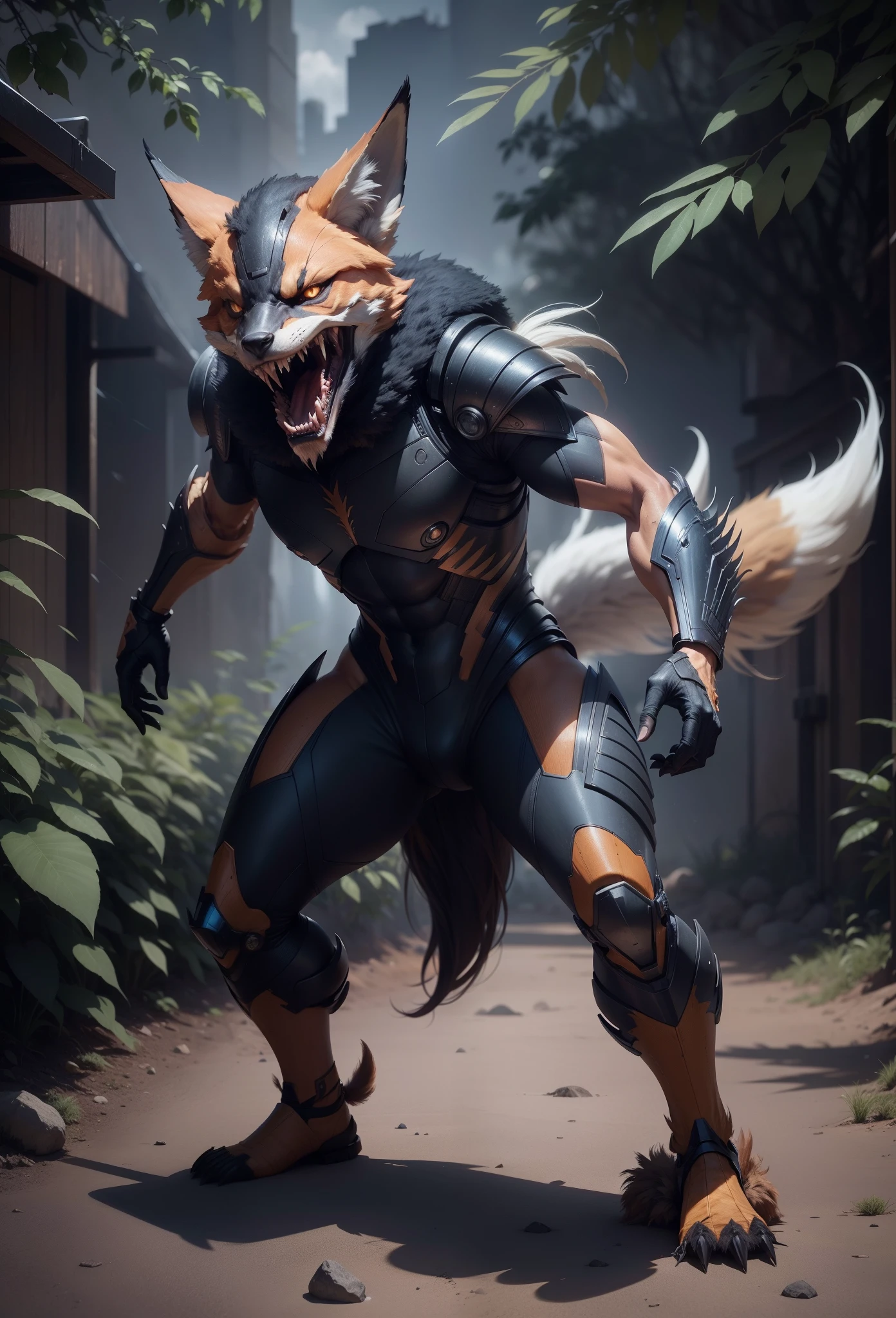 Sci fi humanoid creature with the feathers of a fox and mutant traits similar to rocket teeth, expressive, serious angry face, expressive wearing sci fi armor real photography, natural light, photorealism, cinematic rendering, ray tracing, the highest quality, the highest detail, Cinematic, Third-Person View, Long Exposure, 8K, Ultra-HD, Natural Lighting, Moody Lighting, Cinematic Lighting