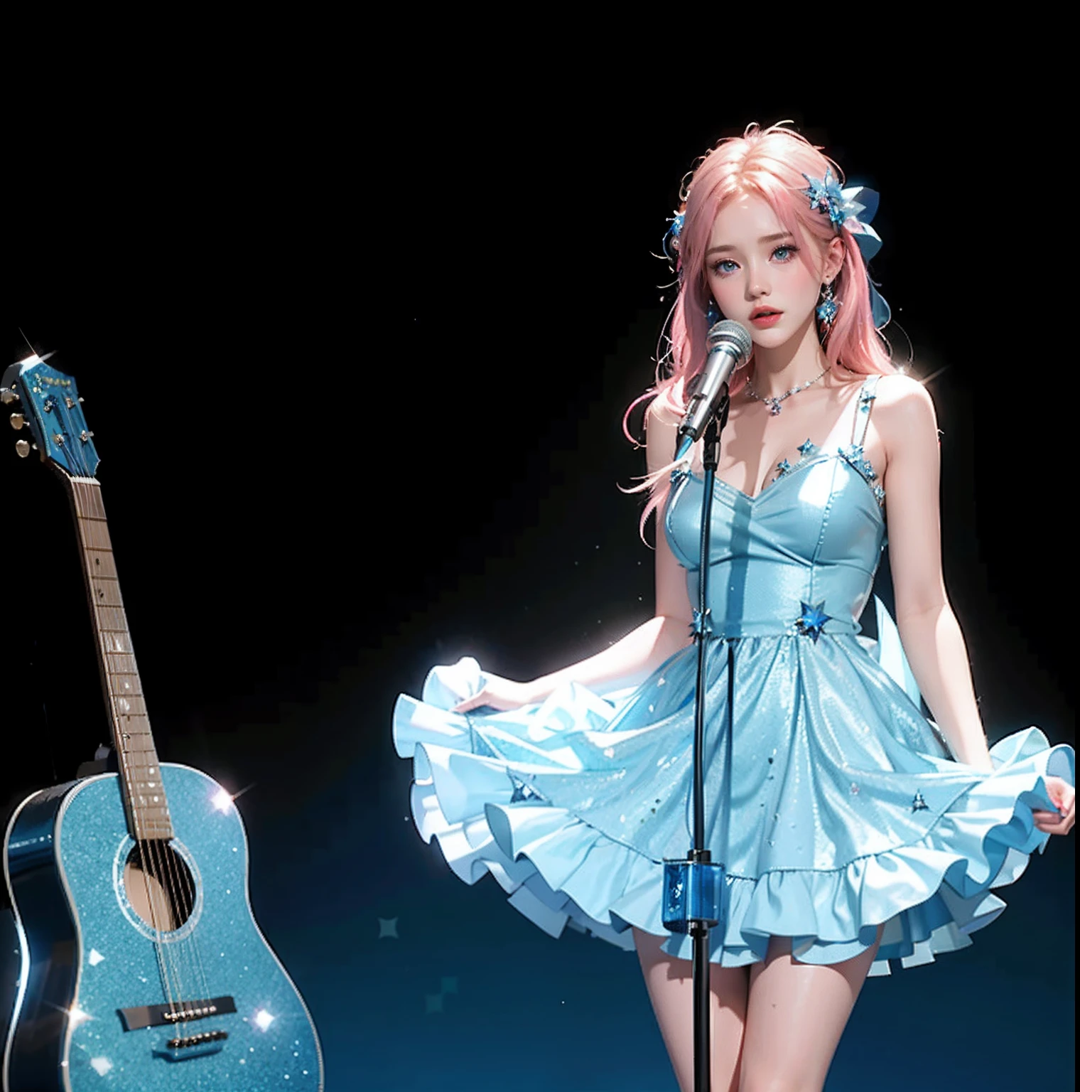 Arapei girl in blue dress sings into microphone, ellie bamber fairy, Performing on stage, icey blue dress, Execution, wearing a glittery dress, roseanne park of blackpink, jia, wearing a dress made of stars, sun yunjoo, tiffany style, playing guitar onstage, ((Supersaturation)), Fanart, diamond shimmering dress, Korean Idol