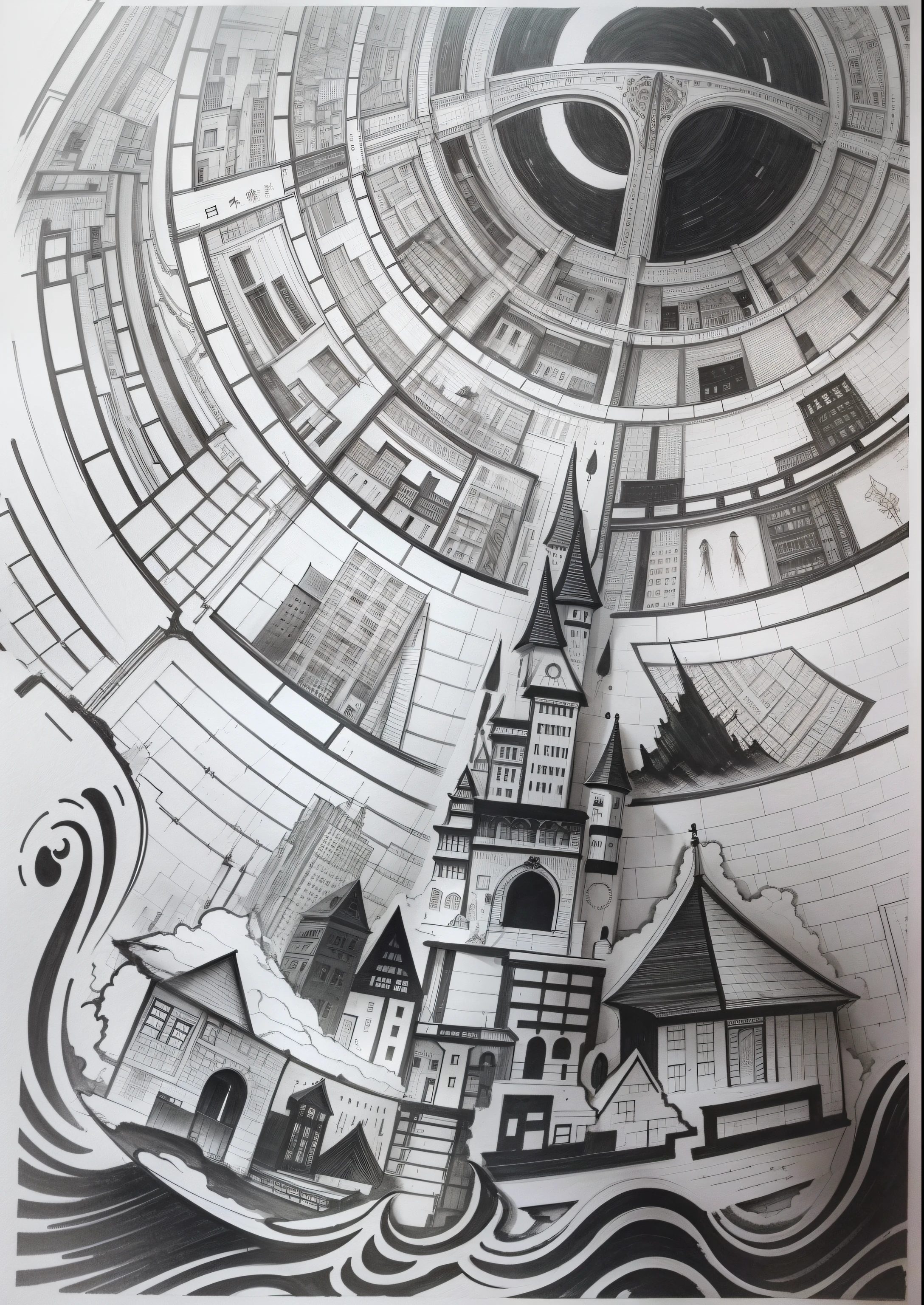Draw a black and white picture of the city，Detailed ink diagram，Ink artwork，Pen and ink on paper，Ink on paper，Ink painting，Ink painting，pen and ink，ink and pencil，Pen and ink doodles，Pen and ink work。Clear focus，Expressive lines，Extremely fine ink lines，Good rendering with hyper-contrast