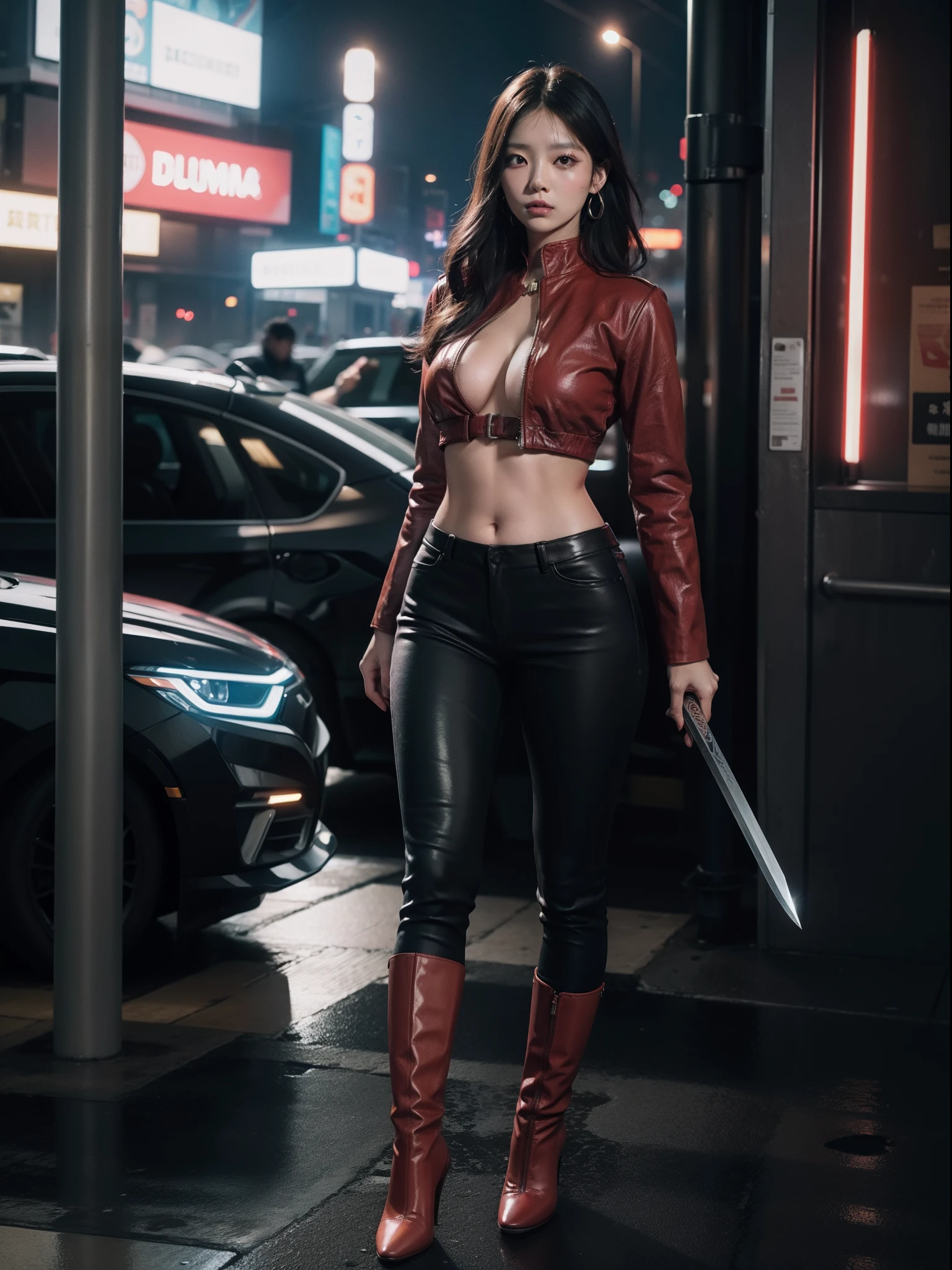 arte conceitual, Kpop Kang Seulgi aparentando ter 35 anos,, with tabby body, vestindo jaqueta curta vermelha, top curto, Red leather pants and tactical boots with high heels, barriga e umbigo a mostra, curvas sensuais, his body illuminated by the bright neon lights of Blade Runner's cityscape. She's in a defensive posture, segurando uma espada samurai, his blade ready to attack, ultra realista, qualidade dos conceptos do Artstation, papel de parede Unity 8k, ultra detalhado, aesthetic, obra-prima, melhor qualidade, foto realista, Cabelo longo com franja, corpo inteiro, curva, Posando, rosto bem desenhado,Cibor, Imagem altamente detalhada, 8k, muito sexy, Olhos bem detalhados, traseira revelada, Very complex and detailed illustration,fundo bonito,