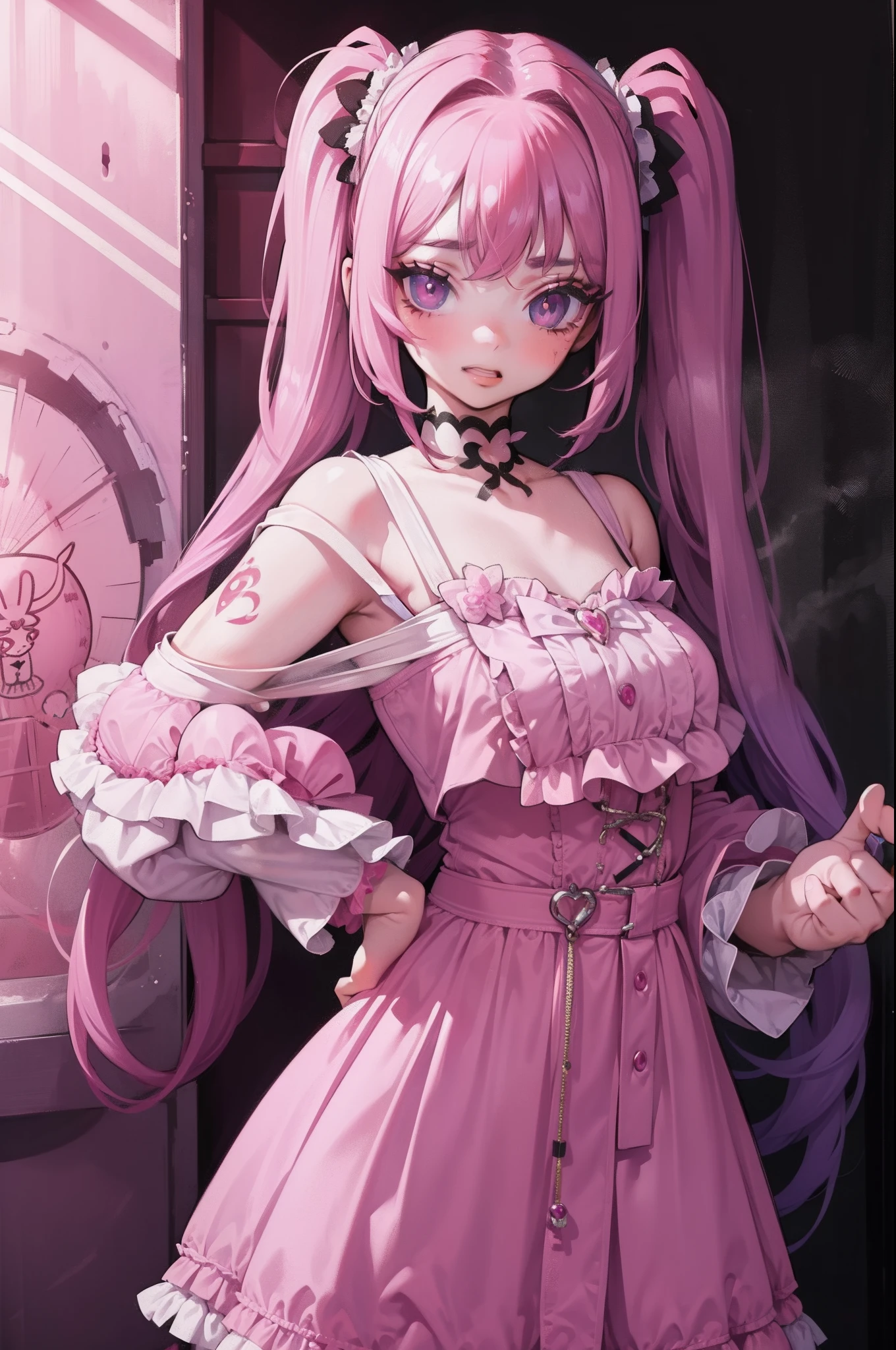 pink hair, twintail, girl, grin mouth, cute, lolita dress, magenta eyes, masterpiece, best quality, extremely detailed eyes, tattoos, piercing, kawaii, yami-kawaii, depth of field