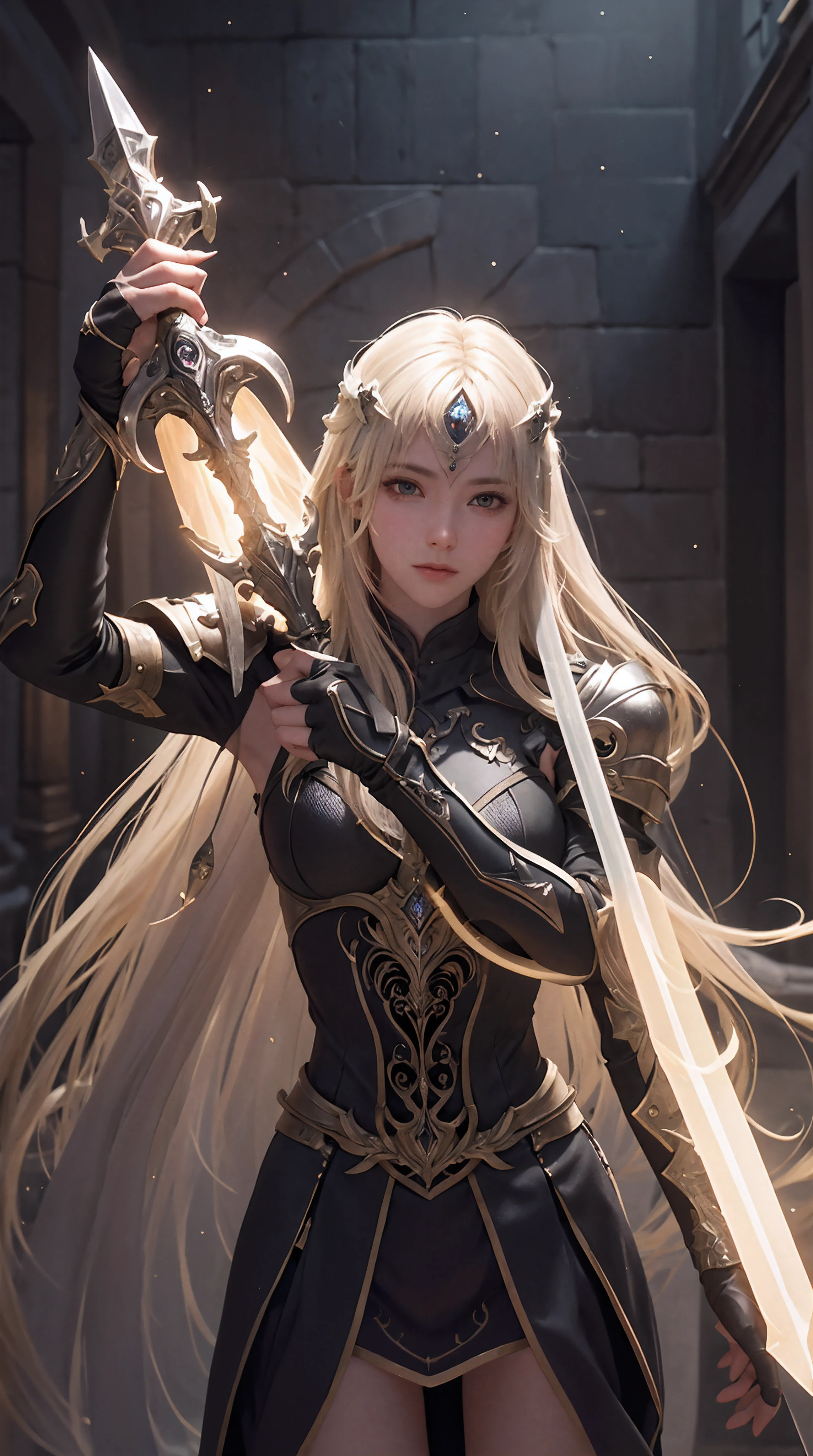 "An awe-inspiring paladin wielding a sword imbued with radiant light, emanating potent light magic. The scene is set in a dark and mysterious cityscape, illuminated by the glow of the paladin's sword. The composition is expertly crafted, with breathtaking attention to detail and cinematic lighting. The overall aesthetic is reminiscent of Fujifilm photography, capturing the beauty and depth of the scene."