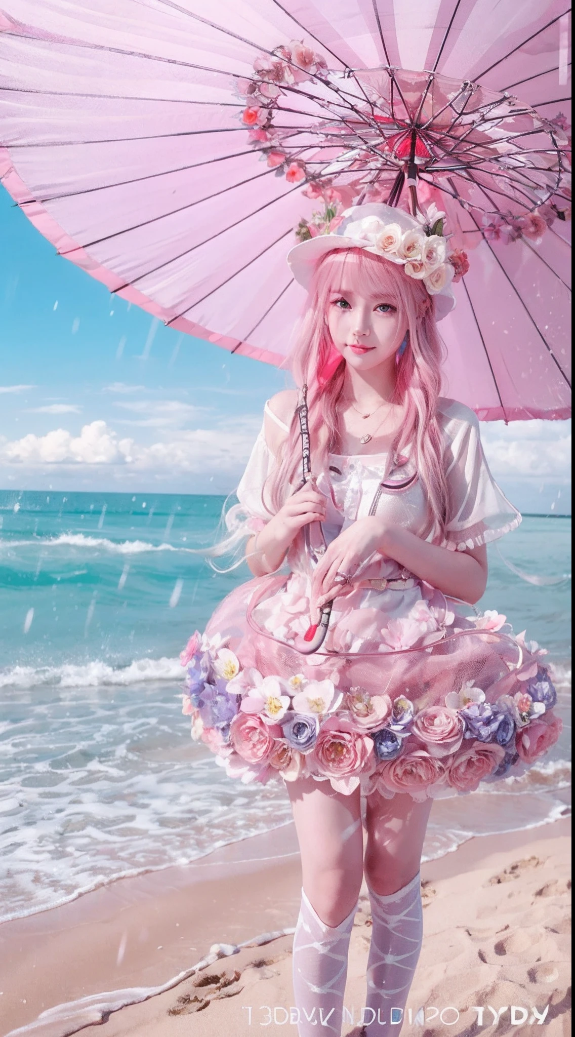 Pink long hair girl,The pupils of the eyes sparkle,Heterochromia,Holding a flower umbrella,sandbeach,Blue sky,baiyun,ultra HD wallpaper,3Drenderingof