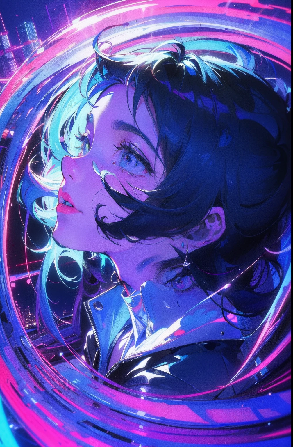(Masterpiece, Top quality, Best quality, offcial art, Beautiful and aesthetic:1.2),(Blue-violet Neon Lighting), (Vibrant glow), Dynamic colors, Striking contrast, futuristic vibe, electric energy,shiny reflective surfaces,(Cityscape:1.3),8K,offical wallpaper, 最好质量,It's best to draw style