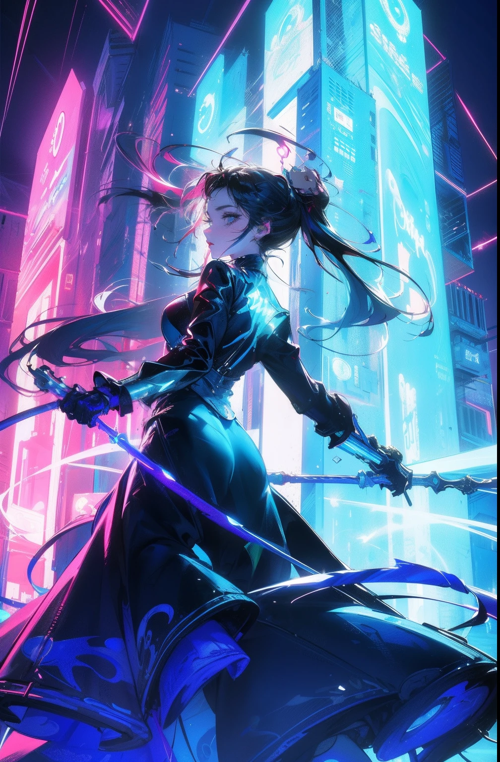 (Masterpiece, Top quality, Best quality, offcial art, Beautiful and aesthetic:1.2),(Blue-violet Neon Lighting), (Vibrant glow), Dynamic colors, Striking contrast, futuristic vibe, electric energy,shiny reflective surfaces,(Cityscape:1.3),8K,offical wallpaper, 最好质量,It's best to draw style
