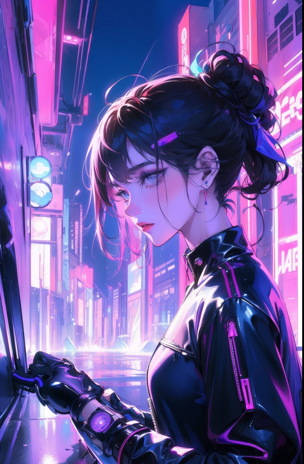 (Masterpiece, Top quality, Best quality, offcial art, Beautiful and aesthetic:1.2),(Blue-violet Neon Lighting), (Vibrant glow), Dynamic colors, Striking contrast, futuristic vibe, electric energy,shiny reflective surfaces,(Cityscape:1.3),8K,offical wallpaper, 最好质量,It's best to draw style