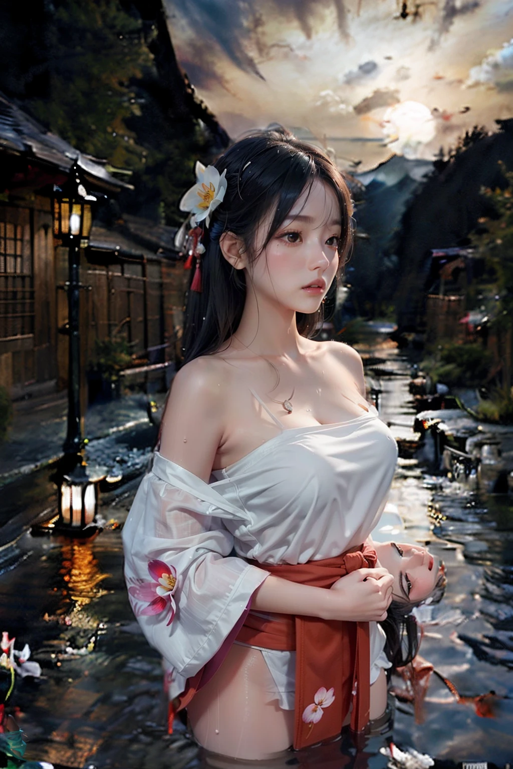 ((bestquality)), ((masterpiece)), (Girl bathing in an onsen under a mountain waterfall.) ,(see through miko dress, no bra , No panties ) , sitting post, smile , perfect lighting , Upper Focus, wet , Wet hair , Wet skin , mountain , steam , Night view, moon light , beautiful landscape ,masterpiece quality, insane details, Absurd , UHD, ultra-high resolution, (photorealistic portrait:1.4), official art, (8k, RAW photo:1.2),