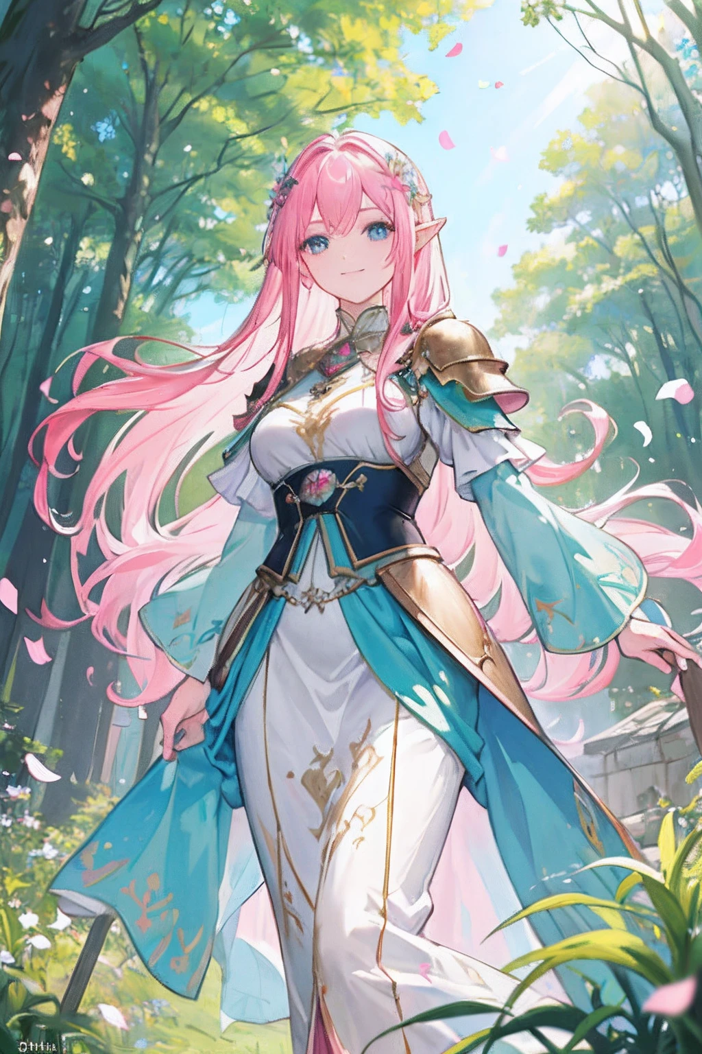 (((Masterpiece, Best Quality, Super Detail))), ((Very delicate and beautiful)), ((Beautiful delicate face)), One woman, beautiful pink long straight hair, fine bright blue eyes, long ears, fine green cloak armor, smile, forest, sunlight through trees, walking, strong wind, confetti
