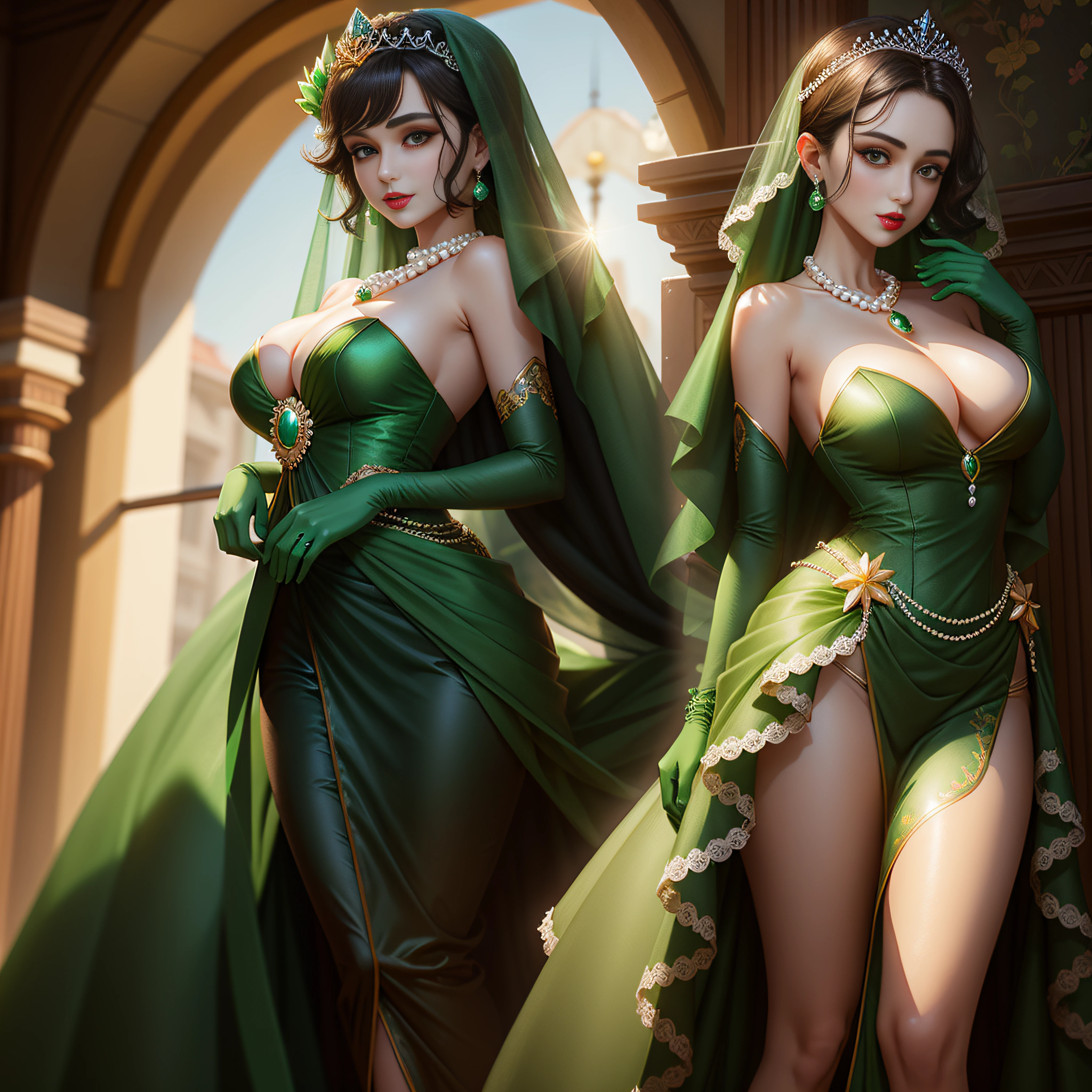 Pearl Necklace、short dark hair, Green dress, Green Long Grove, emerald tiara, lipsticks