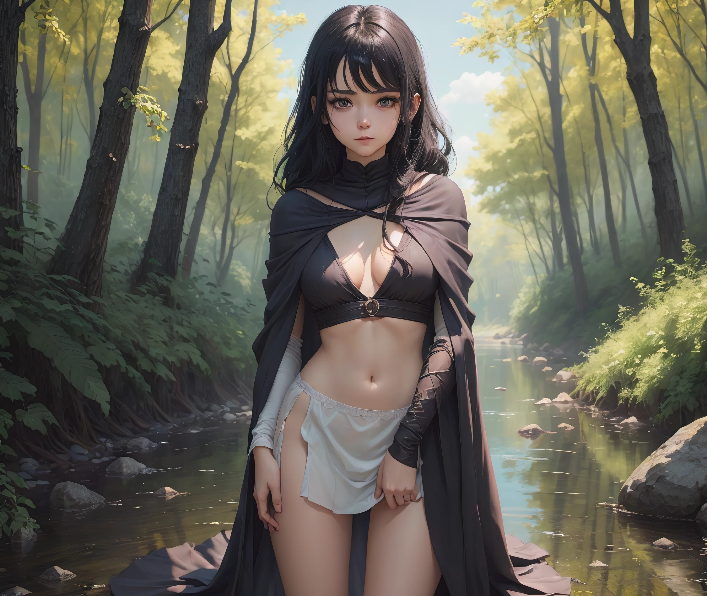 Anime girl lying and looking at the camera, A girl, Breasts are small, little chest, ssmile, beatiful face, Appearance of the model, full - body, blusher, exteriors, Day, looking a viewer, Narrow waist, (tmasterpiece), wallpapers, ((Anime girl with long black hair and blue cloak posing by the river)), Looking Ahead, is looking at the camera, The girl stands in a sexy position, black stockings, (small curvy loli), detailed digital anime art, beautiful anime girl, beautiful anime girl, Anime with small details, Best Quality, Masterpiece, Ultra-detailed, Beautiful, hight resolution, Original,CG 8K ультрареалистичный, perfect artwork, beatiful face, Face Clean, Skin, hyper realistic, Ultra Detailed, A detailed eye, dramatic lighting, (Realistic) Realistic, Full HD, Best Quality, Best Quality, Beautiful lighting, (8k wallpaper of extremely detailed CG unit), High Details, sharp-focus, The art of dramatic and photorealistic painting, Petite Girl, little chest, woods, Magic, (SFW), little chest, mouth ajar, endearing smile,