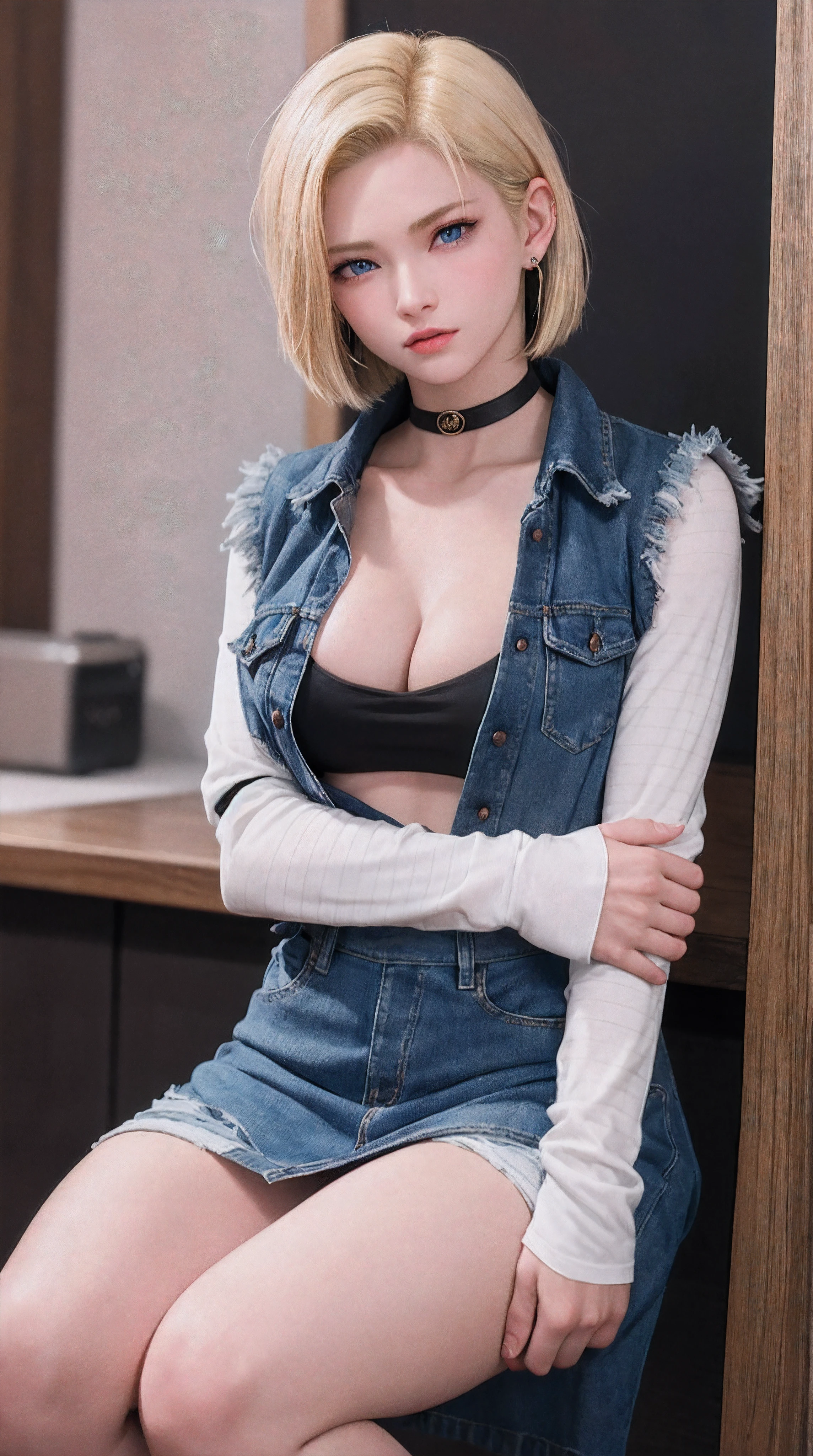 Android 18, Blonde hair, Blue eyes, eyeslashes, hoop earings, Short hair, earring
bring, black sock, Black shirt, breast pocket, cleavage, 鎖骨, Denim, Denim skirt, high waisted skirt, jewelry, Long sleeves, Pocket, shirt, shirt tucked in, Skirt, streaked, Striped sleeves, waistcoat,