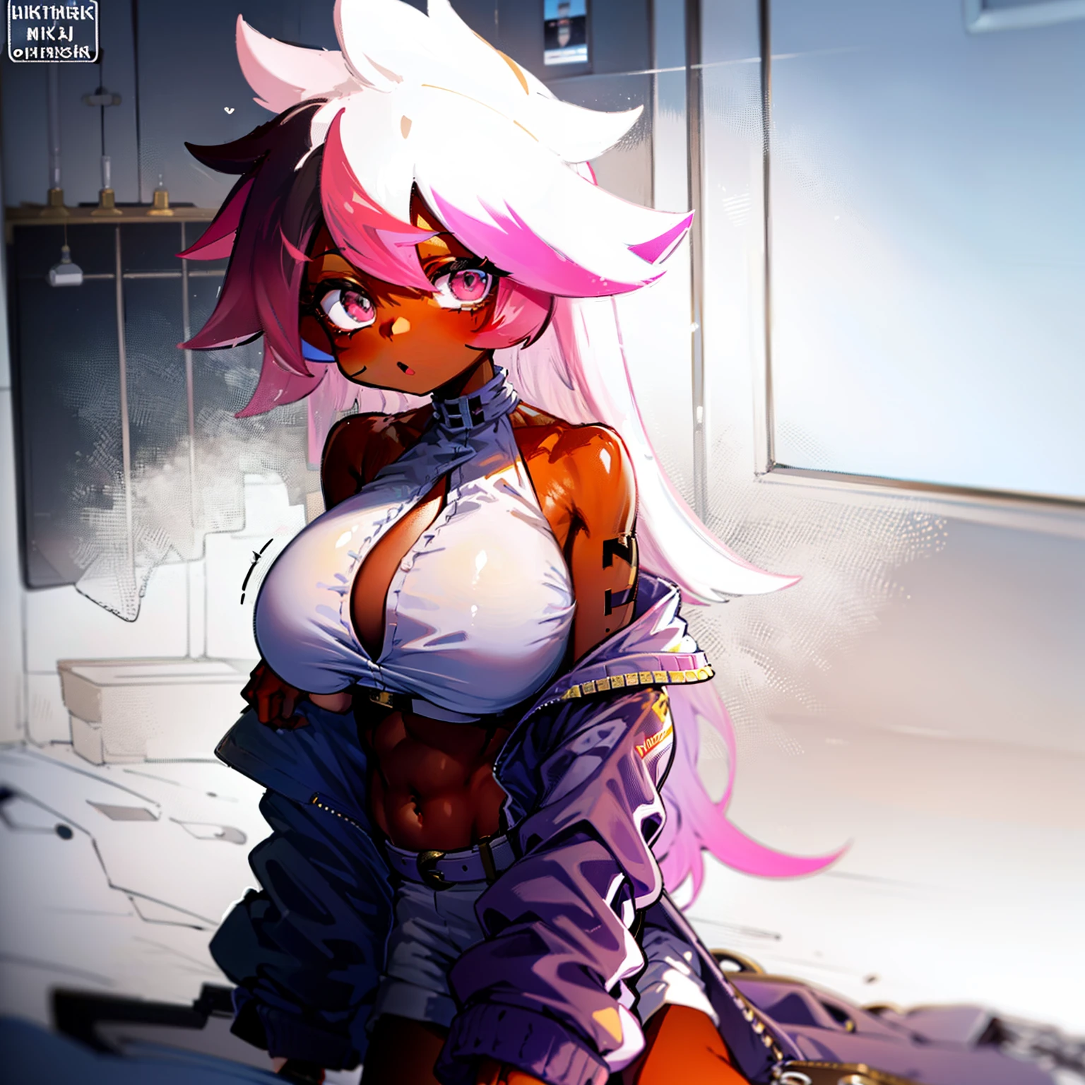 18 year old man, Muscular adult male, White jacket, ((pink Crop top)) , Tight White Shorts,((Dark Skin:1.5)) hold the breast, Huge breasts, disproportionate-breasted, Long white hair with Pink streaks, Red eyes, in a  bedroom, vivid colors and solid colors