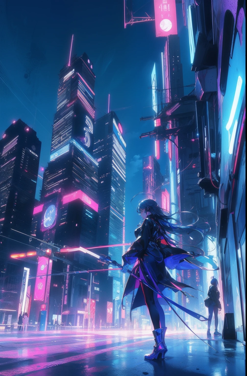 (Masterpiece, Top quality, Best quality, offcial art, Beautiful and aesthetic:1.2),(Blue-violet Neon Lighting), (Vibrant glow), Dynamic colors, Striking contrast, futuristic vibe, electric energy,shiny reflective surfaces,(Cityscape:1.3),8K,offical wallpaper, 最好质量，It's best to draw style