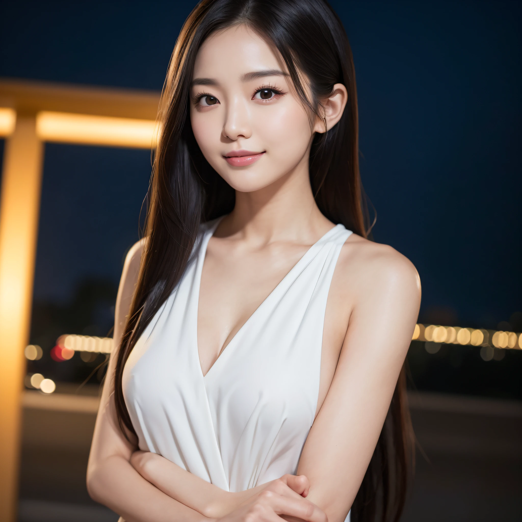 One lady、((best qualtiy、8k masterpieces:1.3))、foco nítido:1.2、(ultra beautiful faces:1.0)、(shinny skin:1.0)、photos realistic、A dark-haired、Video Lighting、High-definition eyes and face、Video Lighting、(Korean Cute Actress)、from the front side、medium breasts、(ssmile:1.2)、Sleeveless、Slender Abs Beauty、Whole body、Wearing a white blouse、in tokyo at night