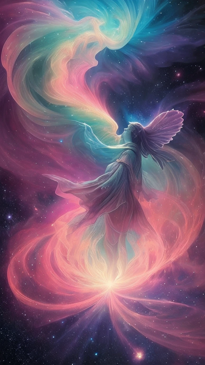 inconceivable and spectacular a scene of emergence of a figure from the glowing cloud, fractal nebula threads, cosmic entities, celestial, cosmic, vibrant and vivid, swirls, twirling, unrealistic, high contrast, symobolism, magical, mystical, mystifying, hyperrealistic, oversaturate, colorfully