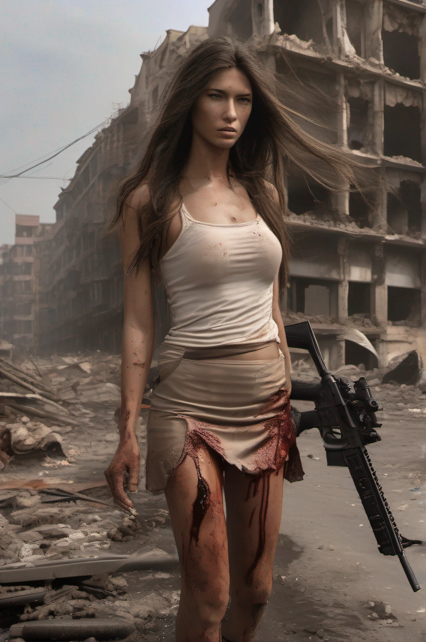 A tanned woman with very long hair stumbles through the streets of a destroyed city with a naked upper body, a bleeding bullet wound in her left shoulder, an automatic rifle in her right hand, full of mud, blood, and wounds, and wearing a torn skirt. Explosions and fires everywhere ravage the ruined city.