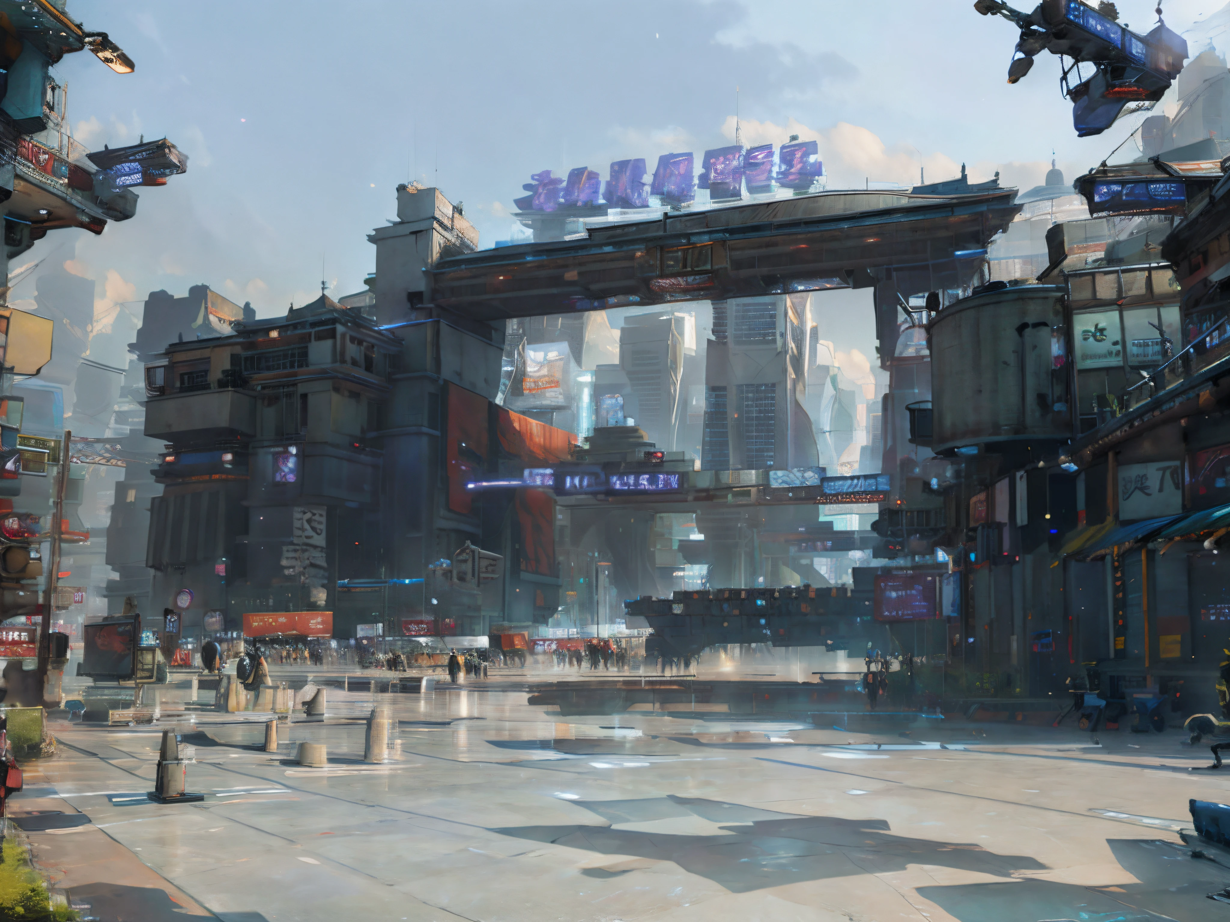 Behind it is a towering mechanical tower，Covers the entire picture with mecha guards in close proximity。There is a futuristic sci-fi style in the sky。air vehicle