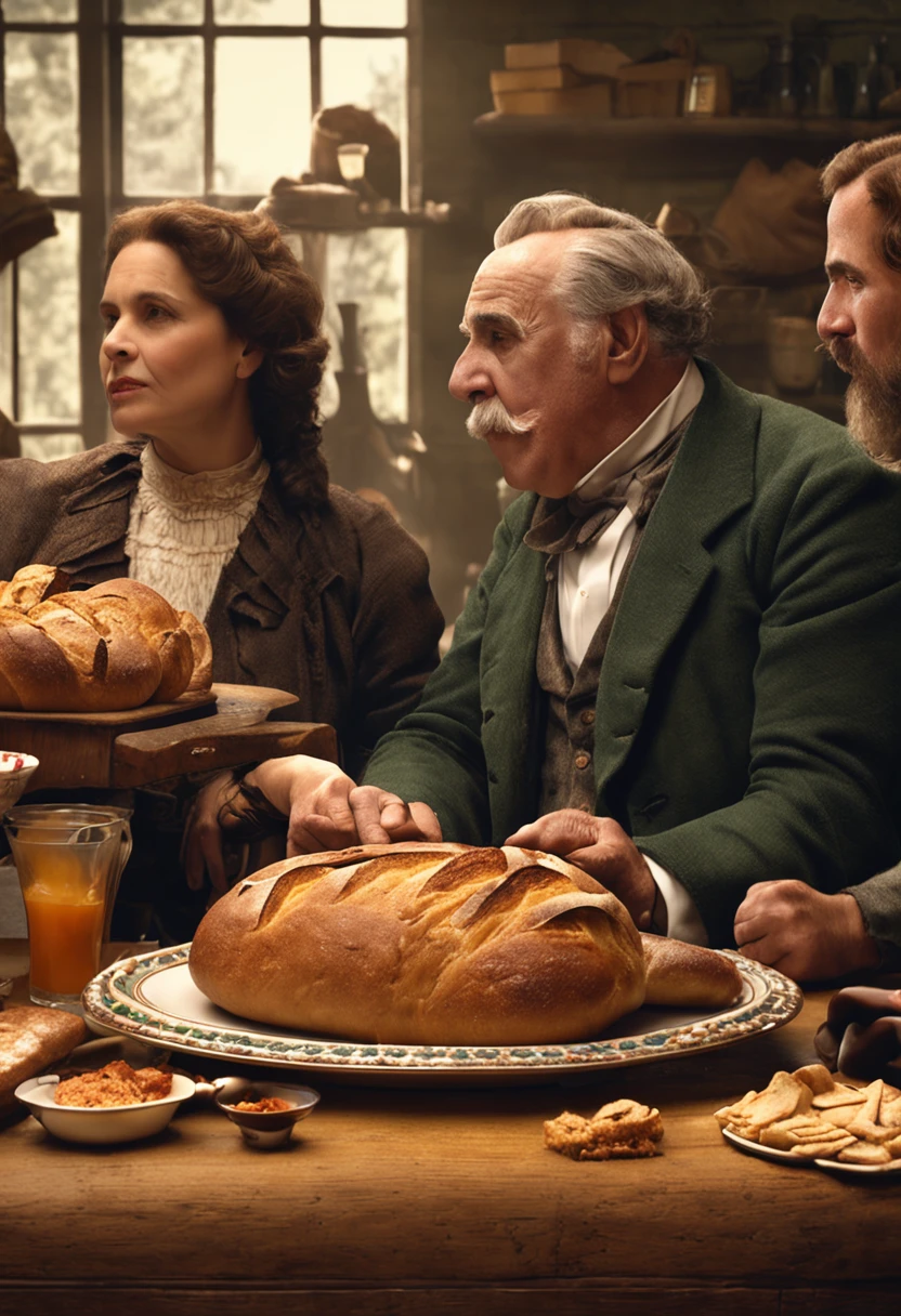 grupo de pessoa juntas, sharing a loaf of bread at a large, plentiful table,  com vestimentas antigas 1920x1080