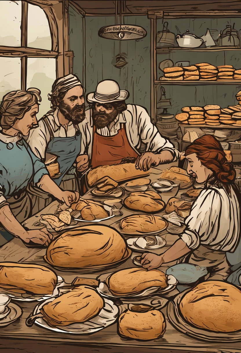 grupo de pessoa juntas, sharing a loaf of bread at a large, plentiful table,  com vestimentas antigas 1920x1080