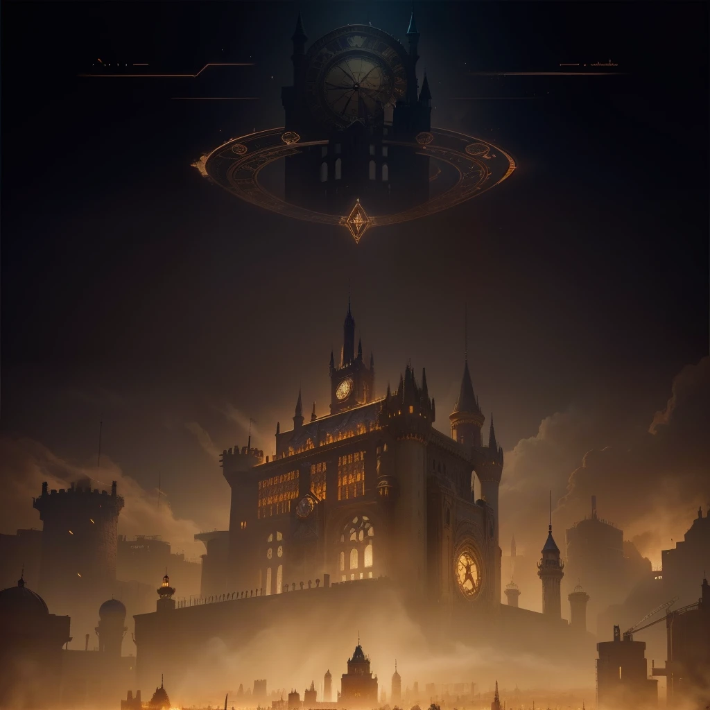 there is a clock that is on the wall of a building, shadowy castle background, steampunk desert background, Gloomy medieval background, steampunk background, dark castle background, Castle background, light kingdom backdrop, dark hangar background, infinite space clock background, random background scene, steampunk factory background，Destiny theme，Symphony of Destiny
