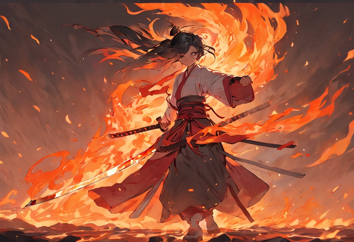 Chinese Taoist female samurai,8k wallpaper,Hanfu,超高分辨率,xiuxian,Compose an intense and dramatic scene featuring a girl holding a sword amidst a sea of roaring flames. The girl should exude strength and determination, standing tall with her feet firmly planted. Her grip on the sword should be confident and purposeful.
Position her within the fiery backdrop in a way that the flames lick the edges of the frame, creating a sense of chaos and urgency. The flames should dance and cast dynamic shadows across her figure, emphasizing the high-stakes nature of the moment.
Capture her expression with a powerful and intense gaze that radiates hatred and resolve. The furrowed brows and narrowed eyes should communicate her unwavering determination and a desire for vengeance.
Ensure that her stance and posture communicate both defiance and readiness for battle. Her body should be slightly angled, as if bracing against the inferno, and her muscles should be taut with tension.
Pay careful attention to the lighting, using the fiery glow to cast dramatic highlights and shadows on her face, form, and the sword. This will add depth and intensity to the scene.
The overall composition should convey a sense of fierce determination in the face of adversity, as she stands unyielding in a world ablaze with her unrelenting resolve.