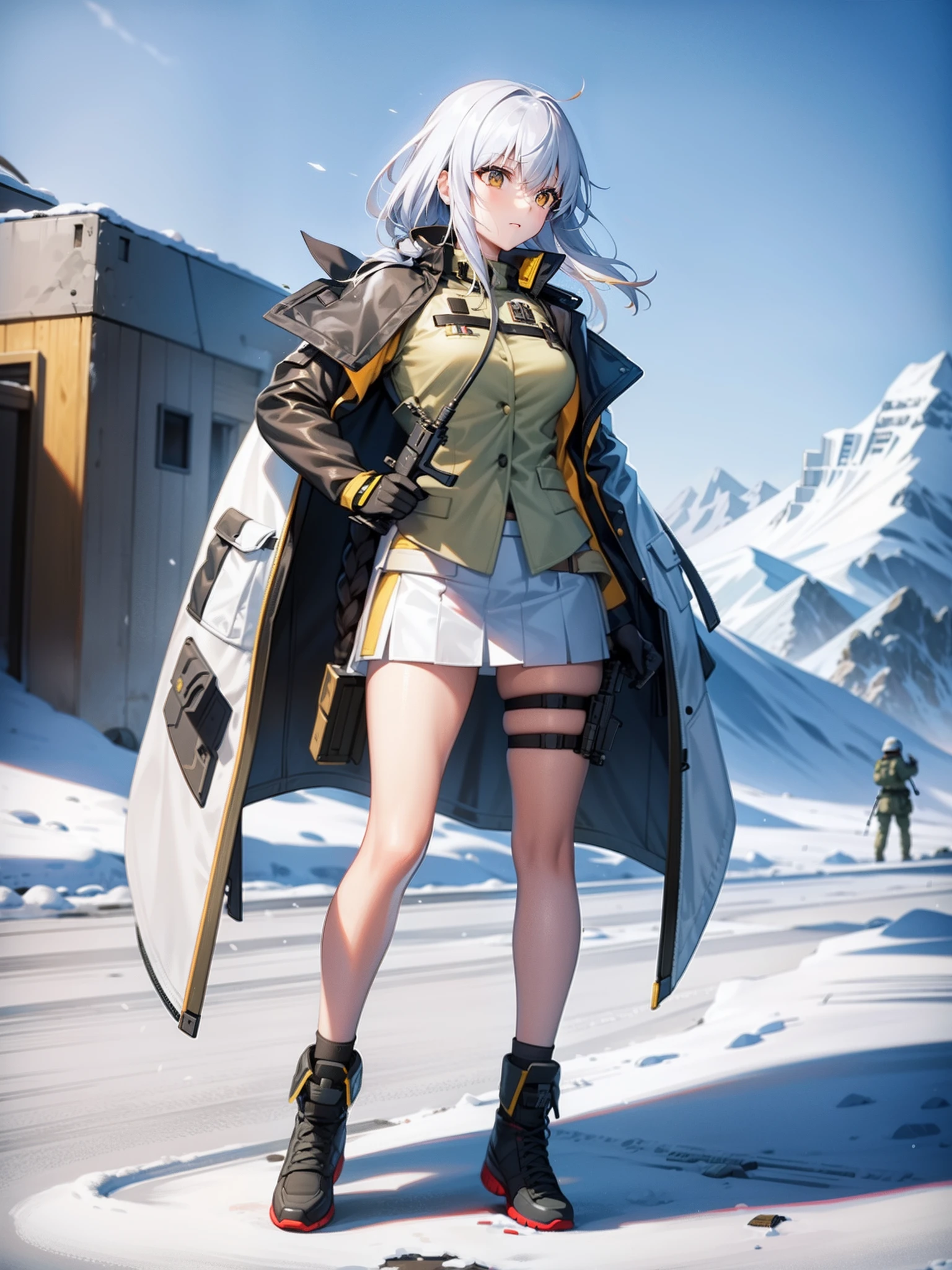 gun girl, special force, special operation, aiming at the enemy, assault rifle, white clothes, snow mountain, full body, background helicopter