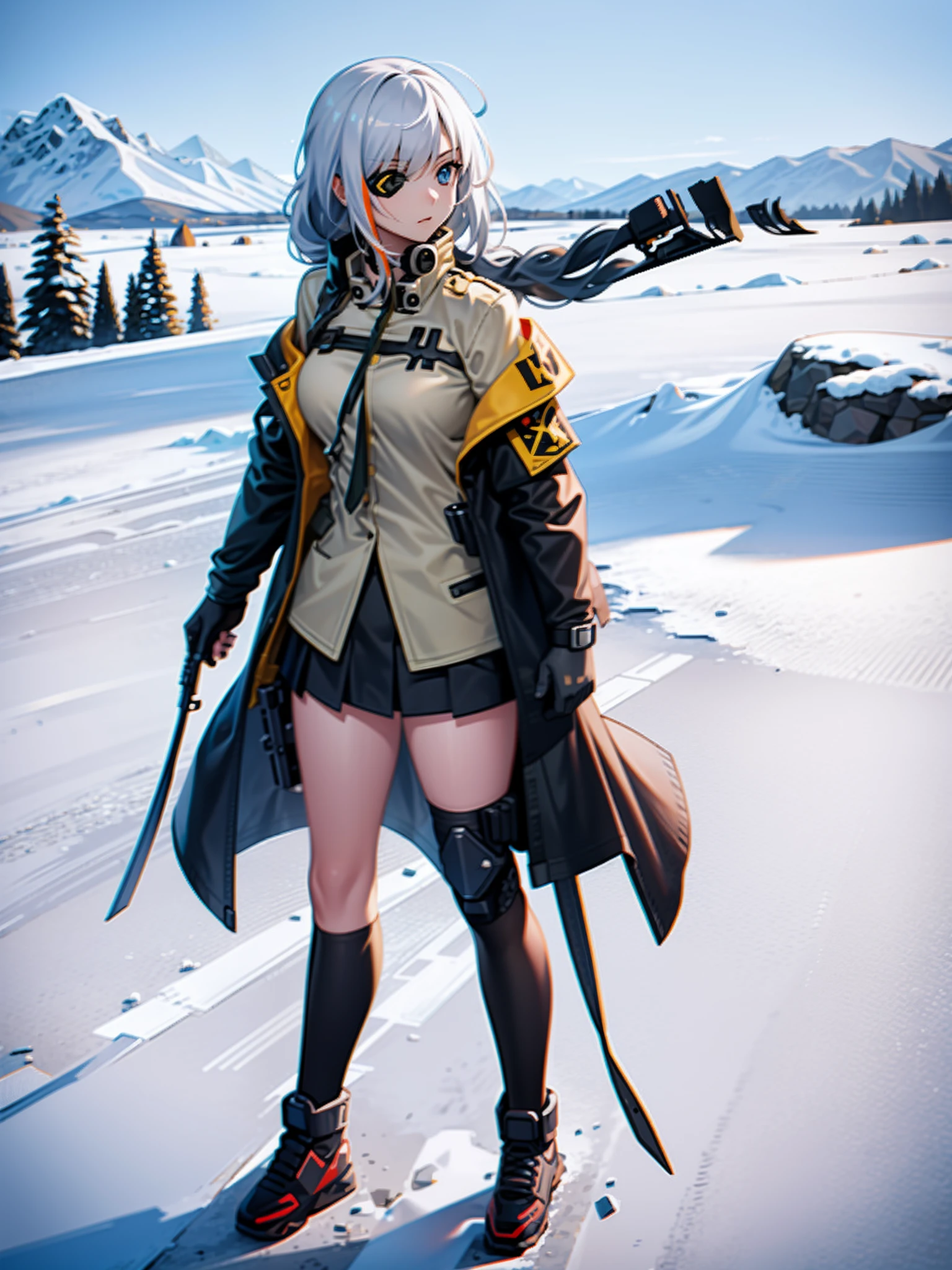 gun girl, special force, special operation, aiming at the enemy, assault rifle, white clothes, snow mountain, full body, background helicopter