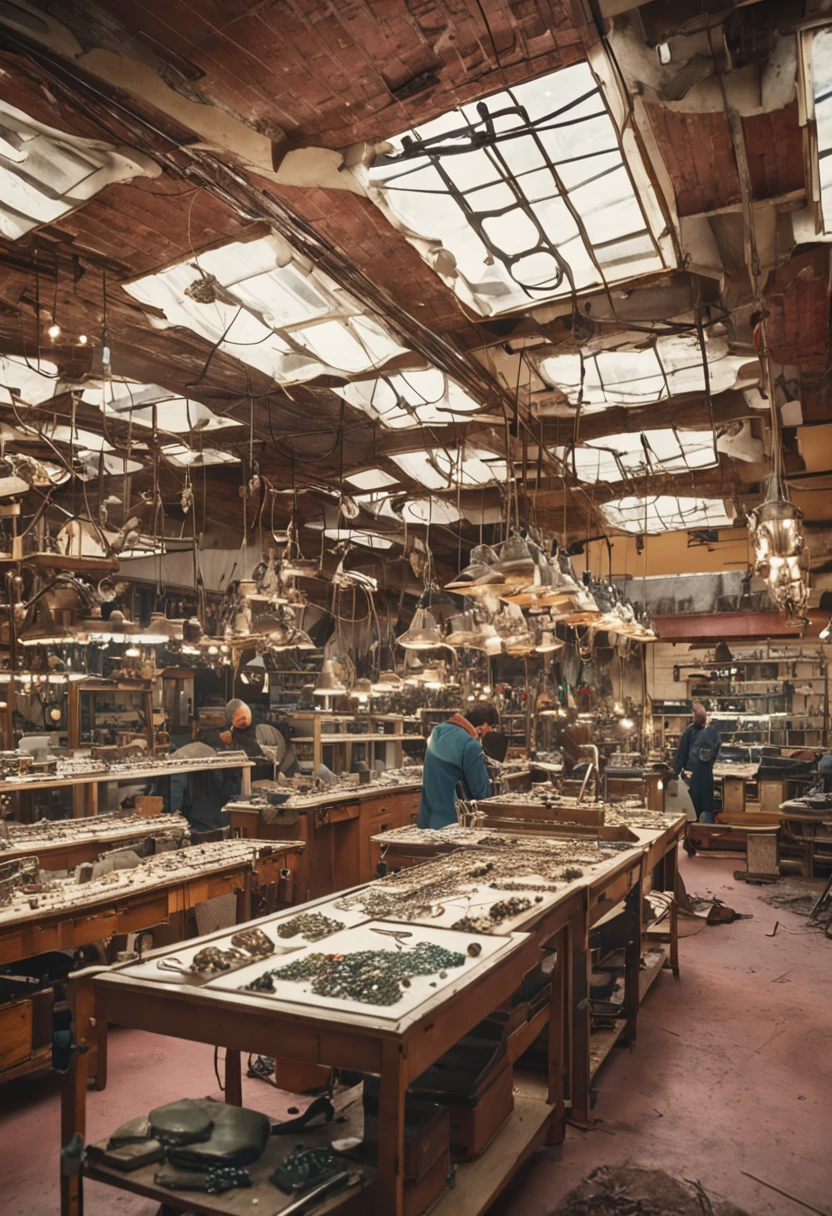 Craftsmen renovate jewelry in a workshop full of gems