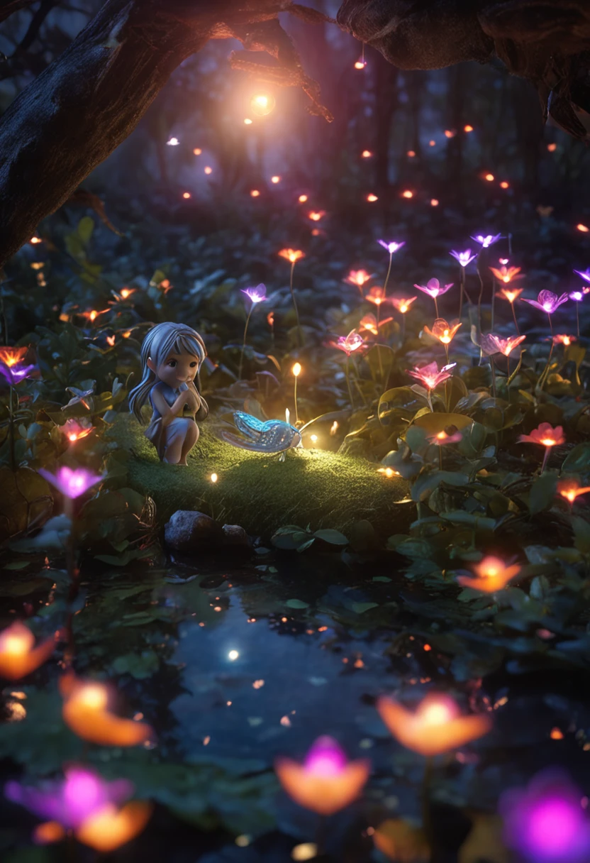 in the middle of an enchanted garden, glowing fairies and shiny fireflies dance to the gentle sounds of the moon.
