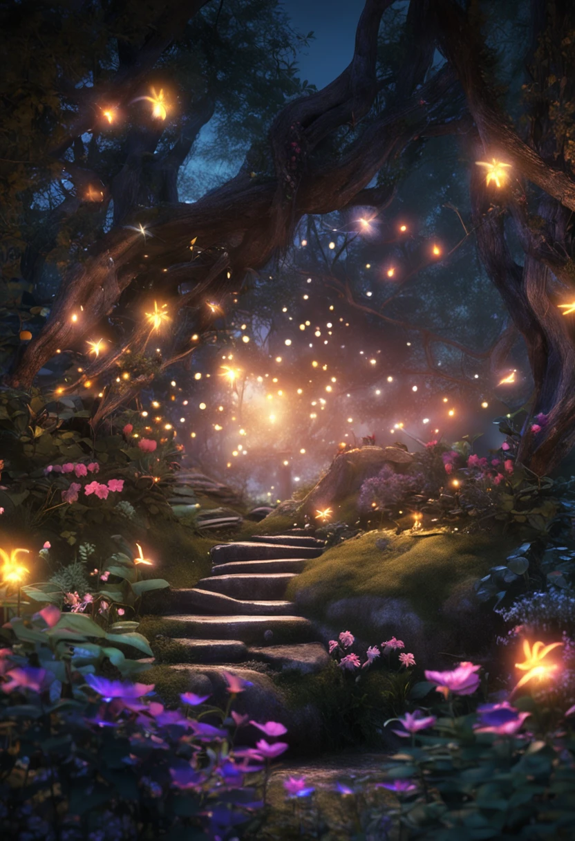 in the middle of an enchanted garden, glowing fairies and shiny fireflies dance to the gentle sounds of the moon.