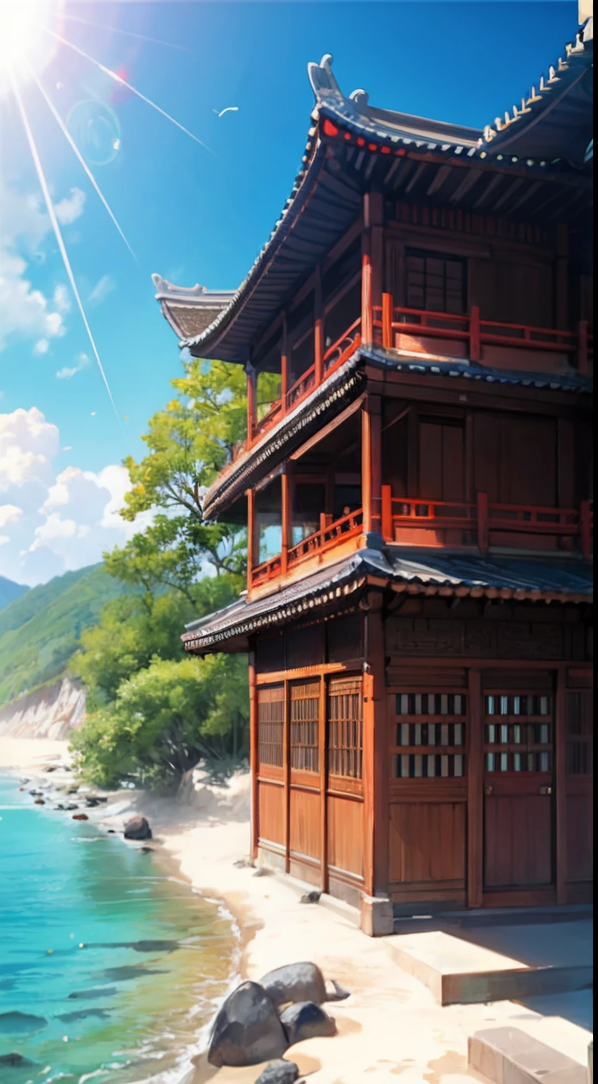 tmasterpiece,best qualtiy,Very detailed CG unity 8K wallpaper,Most Best Illustration,Best shadow,naturey,Blue sea sand,and the sun was shining brightly,The line of sight runs parallel to the beach:1.15,Classical Chinese architecture,NOhumans
