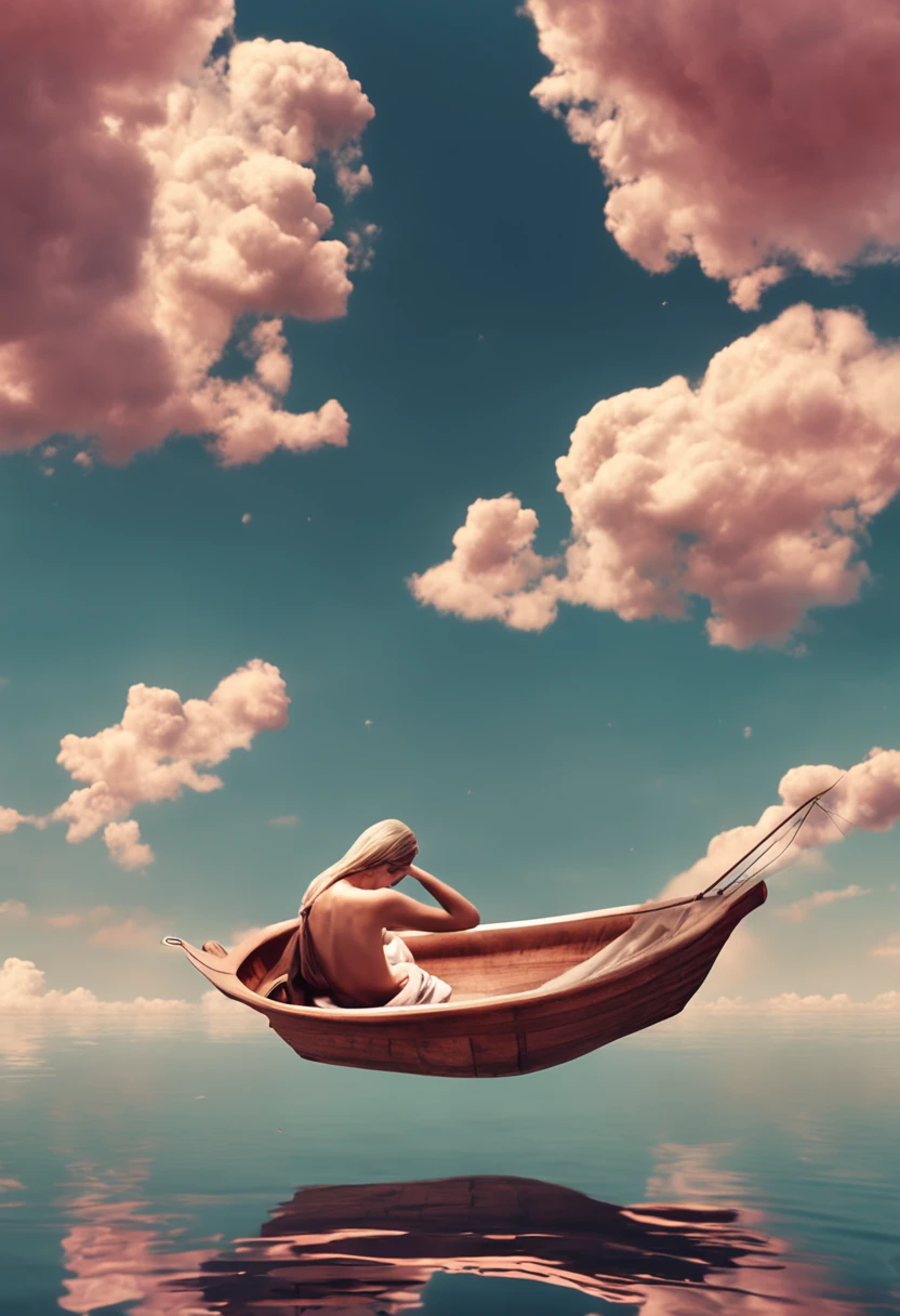 A small ship like a bed made of clouds、Woman sleeping leaning against、legs crossed、Hands behind the head、Floating in the lake、Bird view