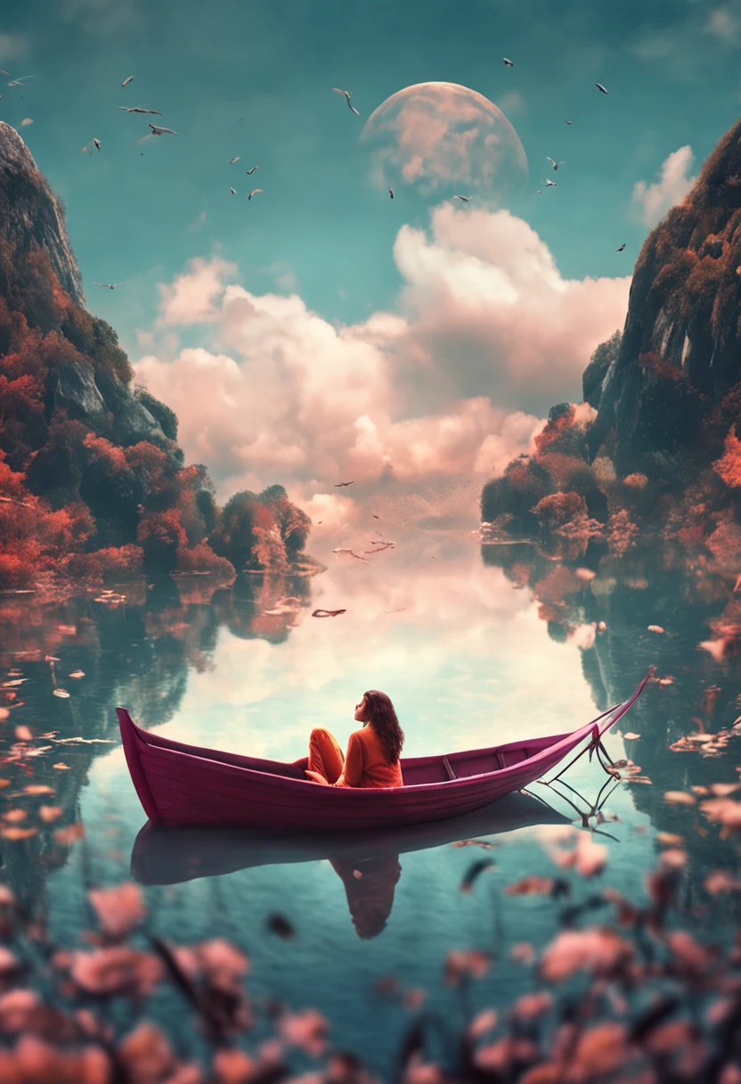 A small ship like a bed made of clouds、Woman sleeping leaning against、legs crossed、Hands behind the head、Floating in the lake、Bird view