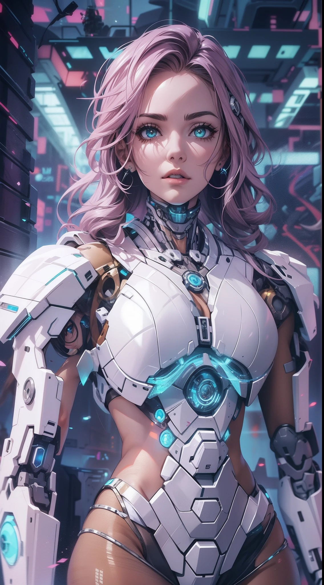 Medium shot of sexy female cyborg wearing scratched and discolored futuristic armor in a destroyed futuristic city, fancy, fancy과학, Beautiful female face, fascinating, result, Fog, Bright, alluring eyes, A masterpiece of the highest quality, realistic, detailed, 8k, HDR, shallow depth of field, wide light, high contrast, backlight, flower, light twinkles, chromatic aberration, sharp focus, RAW color photos