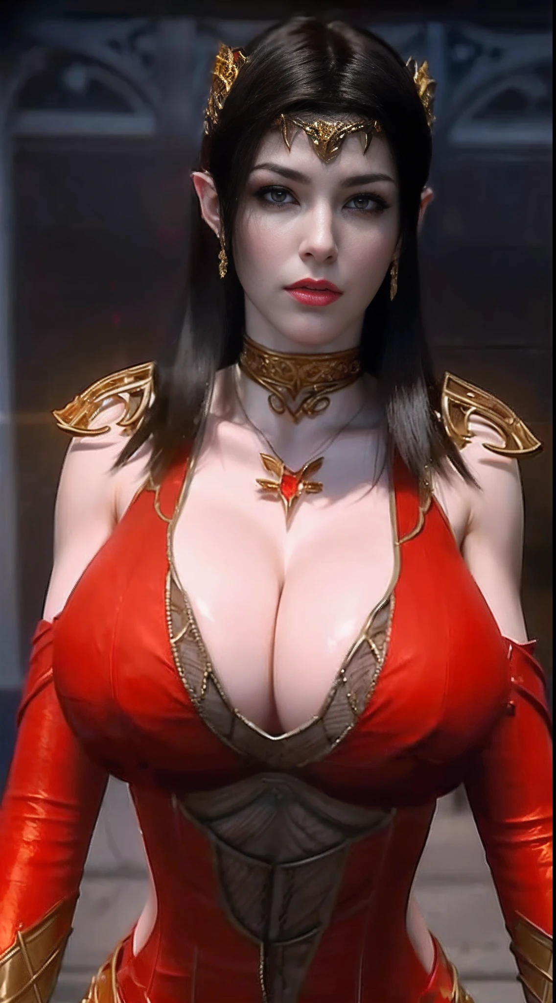 Woman body set (largest breasts:1.5), (muscular body:1.3), red dress, armor, depth of field, cinematic lighting, reflection light, best quality, HD, 16k, anatomically correct, masterpiece, high quality, highres, UHD