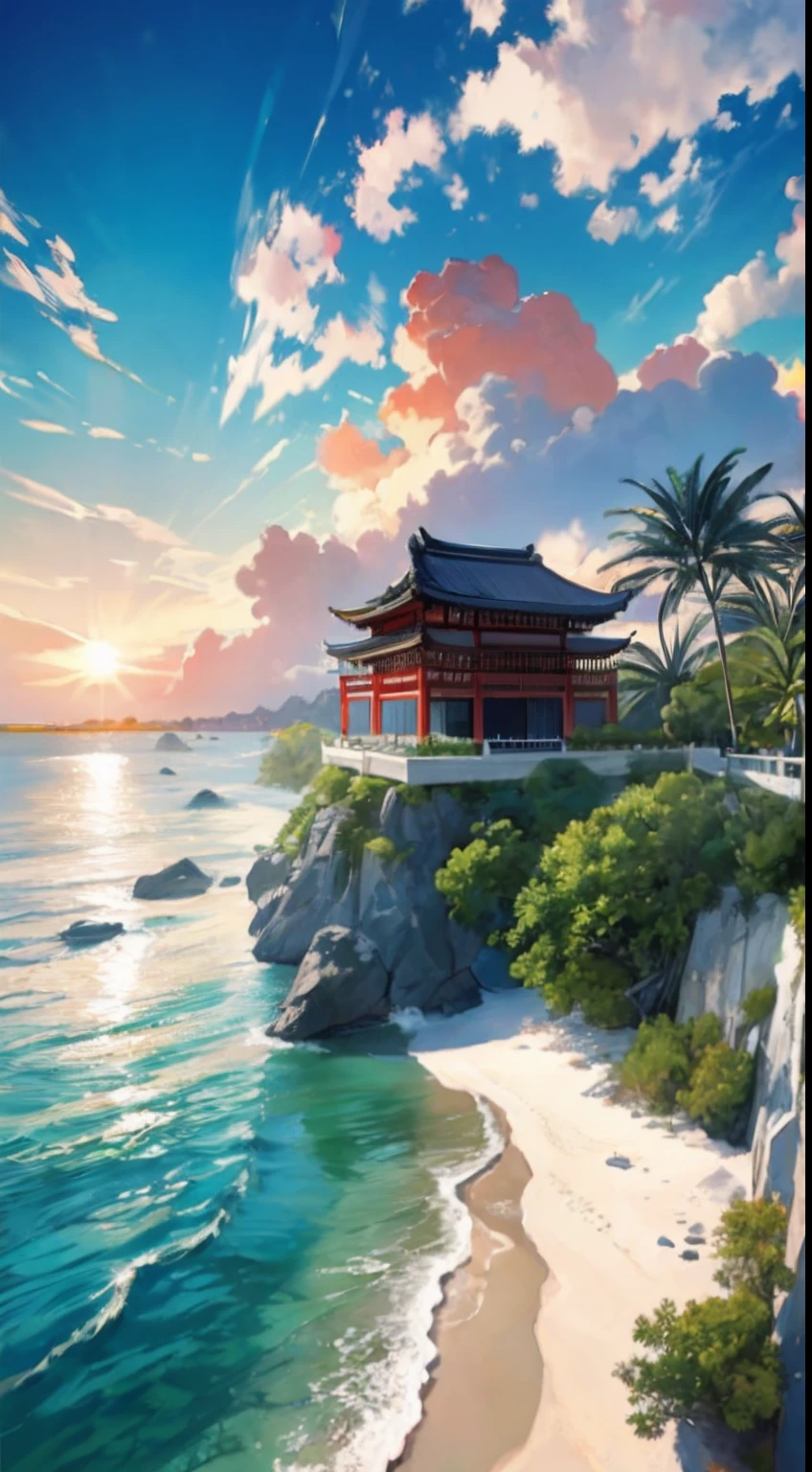 tmasterpiece,best qualtiy,Very detailed CG unity 8K wallpaper,Most Best Illustration,Best shadow,naturey,Blue sea sand,and the sun was shining brightly,The line of sight runs parallel to the beach:1.15,Classical Chinese architecture,NOhumans
