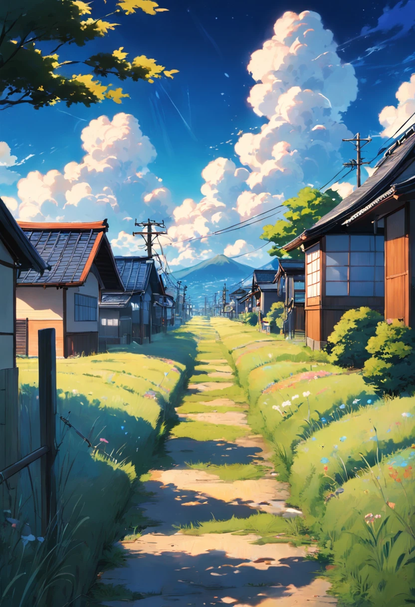 Field paths,telephone poles,Japanese style houses,Clouds,Clear blue sky。