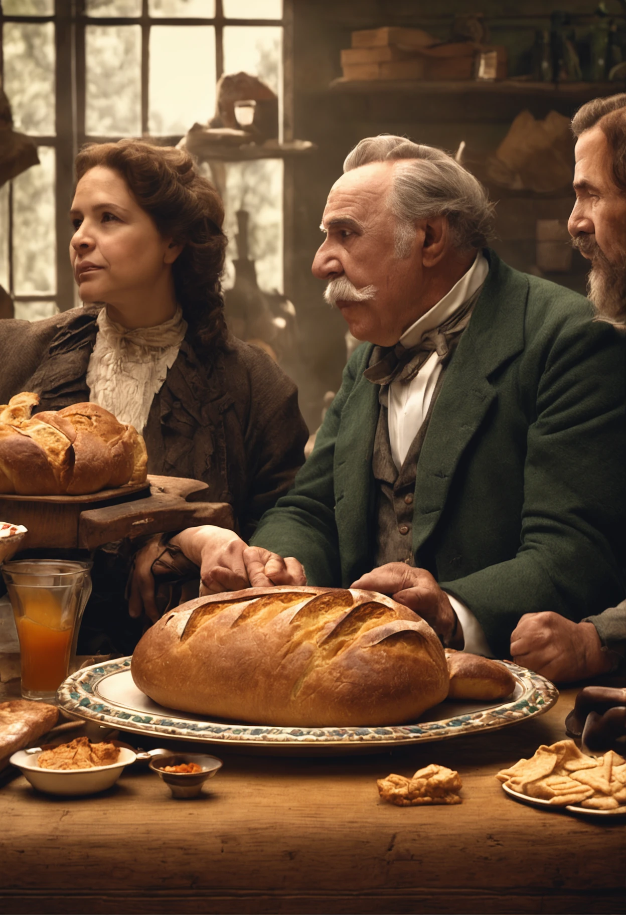 grupo de pessoa juntas, sharing a loaf of bread at a large, plentiful table, com vestimentas antigas 1920x1080