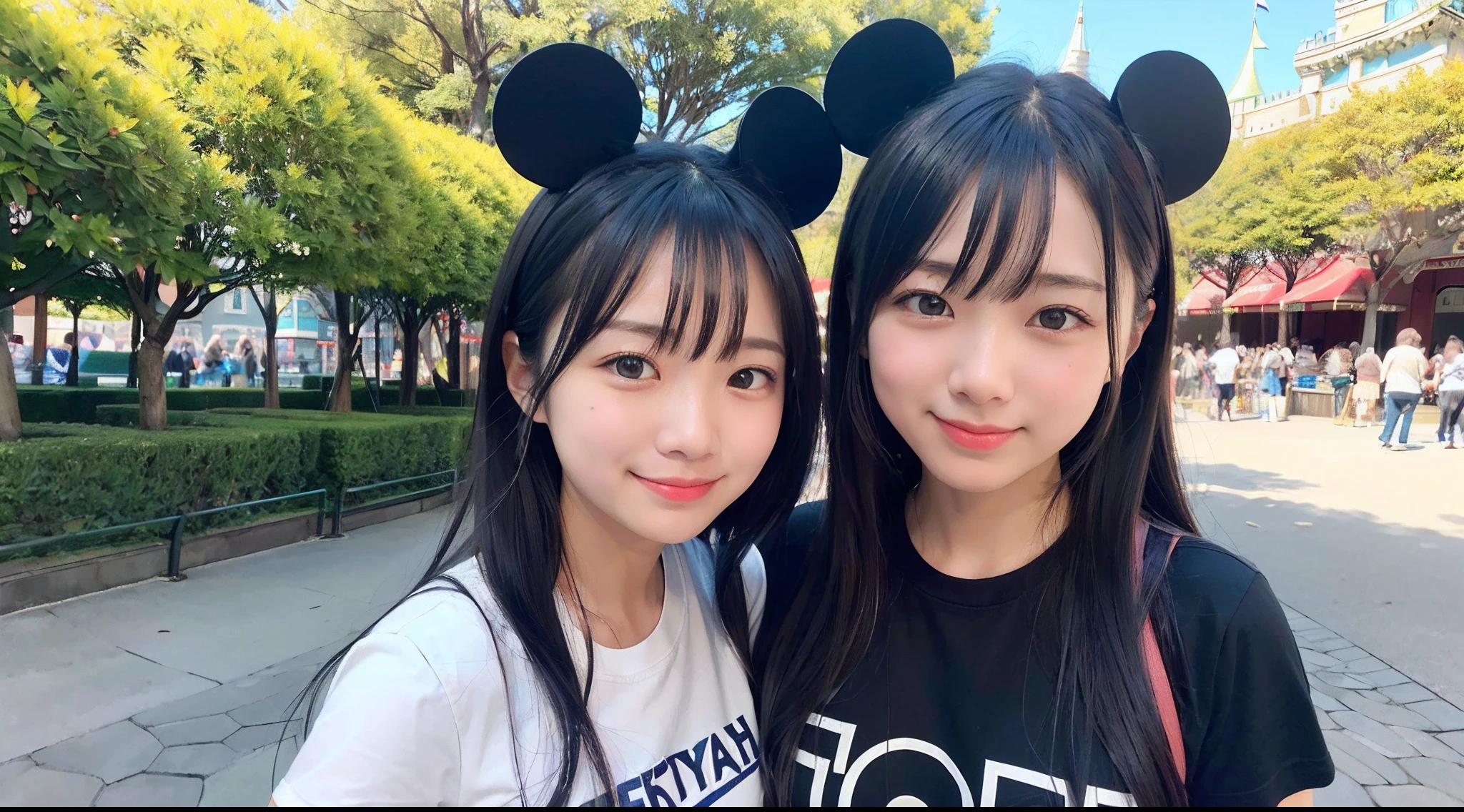 女の子1人、Women around 29 years old、garments(tshirts、Disney Cosplay Style）、A dark-haired、耳Nipple Ring、a picture、realisticlying、top-quality、adopt、A detailed face、VR Experience、细致背景（Disney land）、diffuse sunlight、depth of fields、独奏