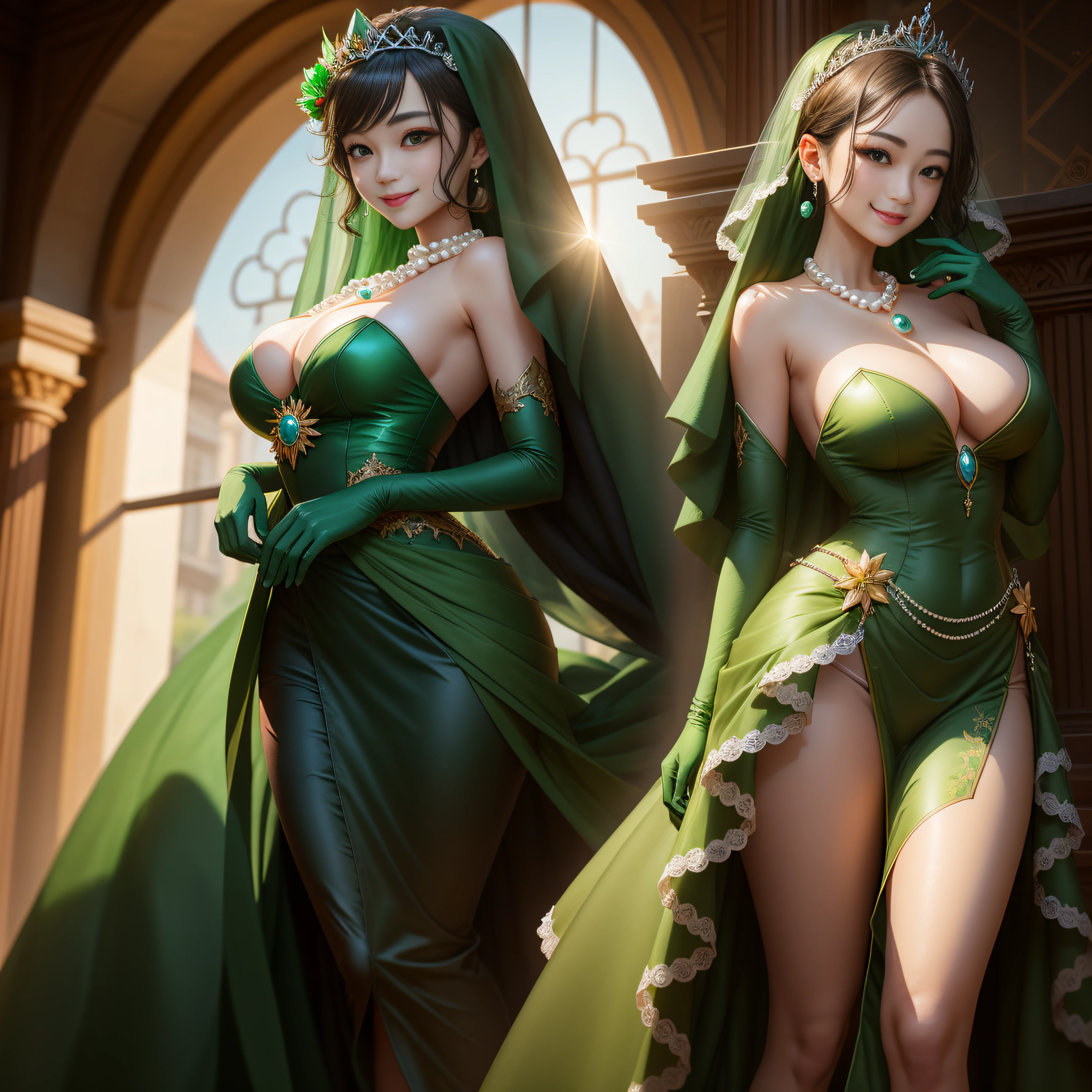 Pearl Necklace、short dark hair, Green dress, Green long gloves, Emerald tiara, a smile