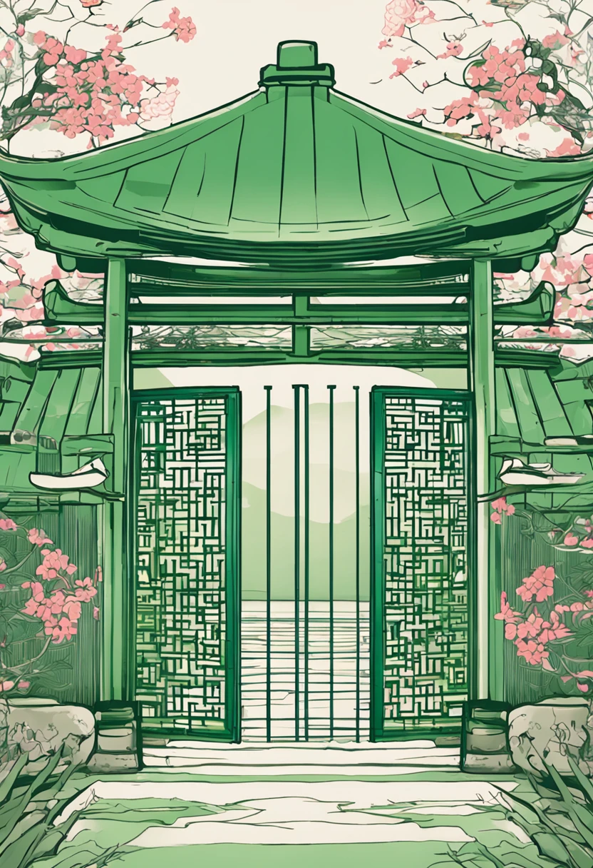 um portao japones verde Corpo largo,portao japones, perfil frontal!!!!, ✏️🎨, Illustration of Japanese Gate, s linhas limpas, Translucent SSS, front-end longo, linhas extremamente limpas, in illustration style digital, linha limpa, 1 : 1 hyper illustration, arte limpa, frente em, arte do design arquiteto