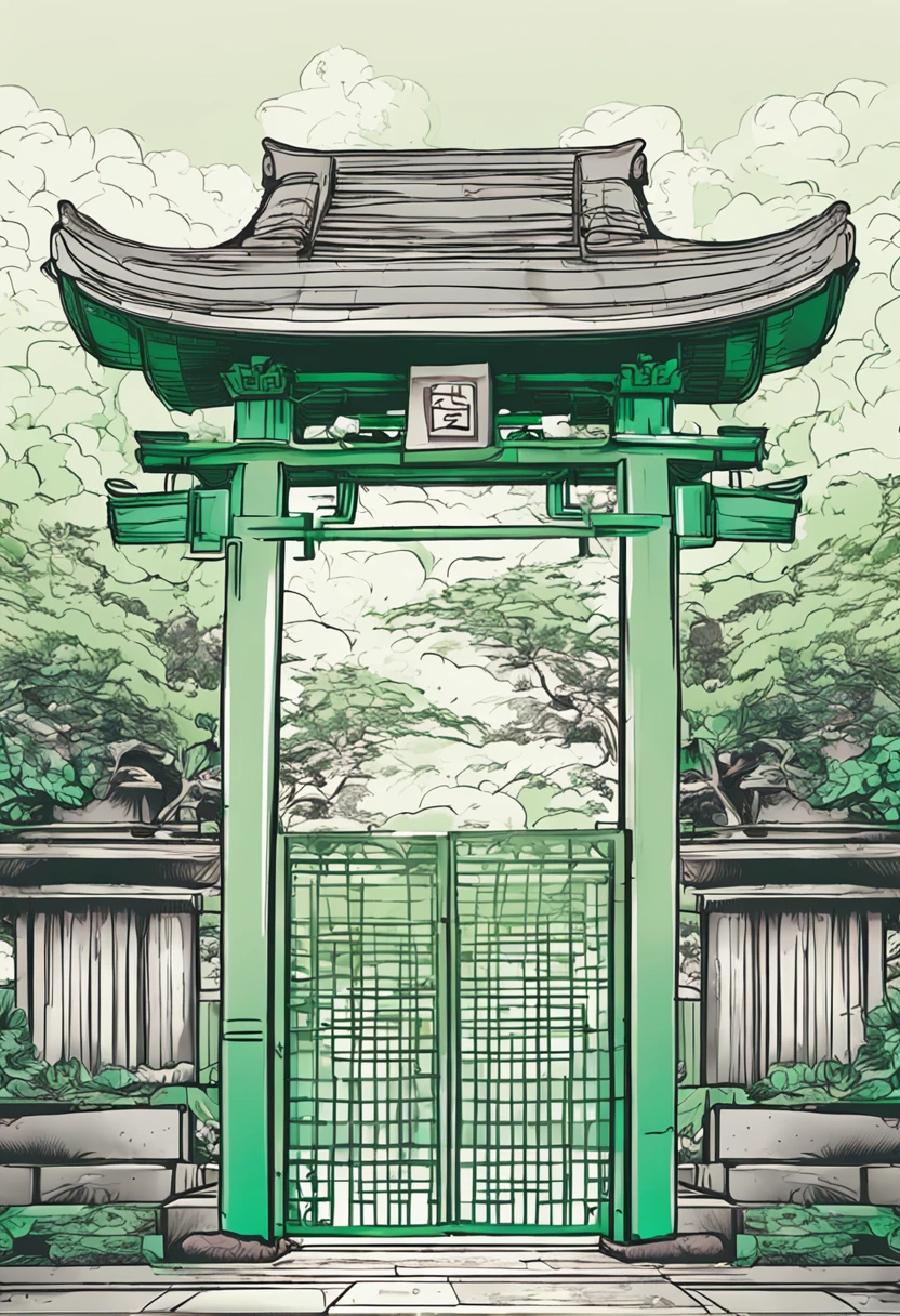 um portao japones verde Corpo largo,portao japones, perfil frontal!!!!, ✏️🎨, Illustration of Japanese Gate, s linhas limpas, Translucent SSS, front-end longo, linhas extremamente limpas, in illustration style digital, linha limpa, 1 : 1 hyper illustration, arte limpa, frente em, arte do design arquiteto