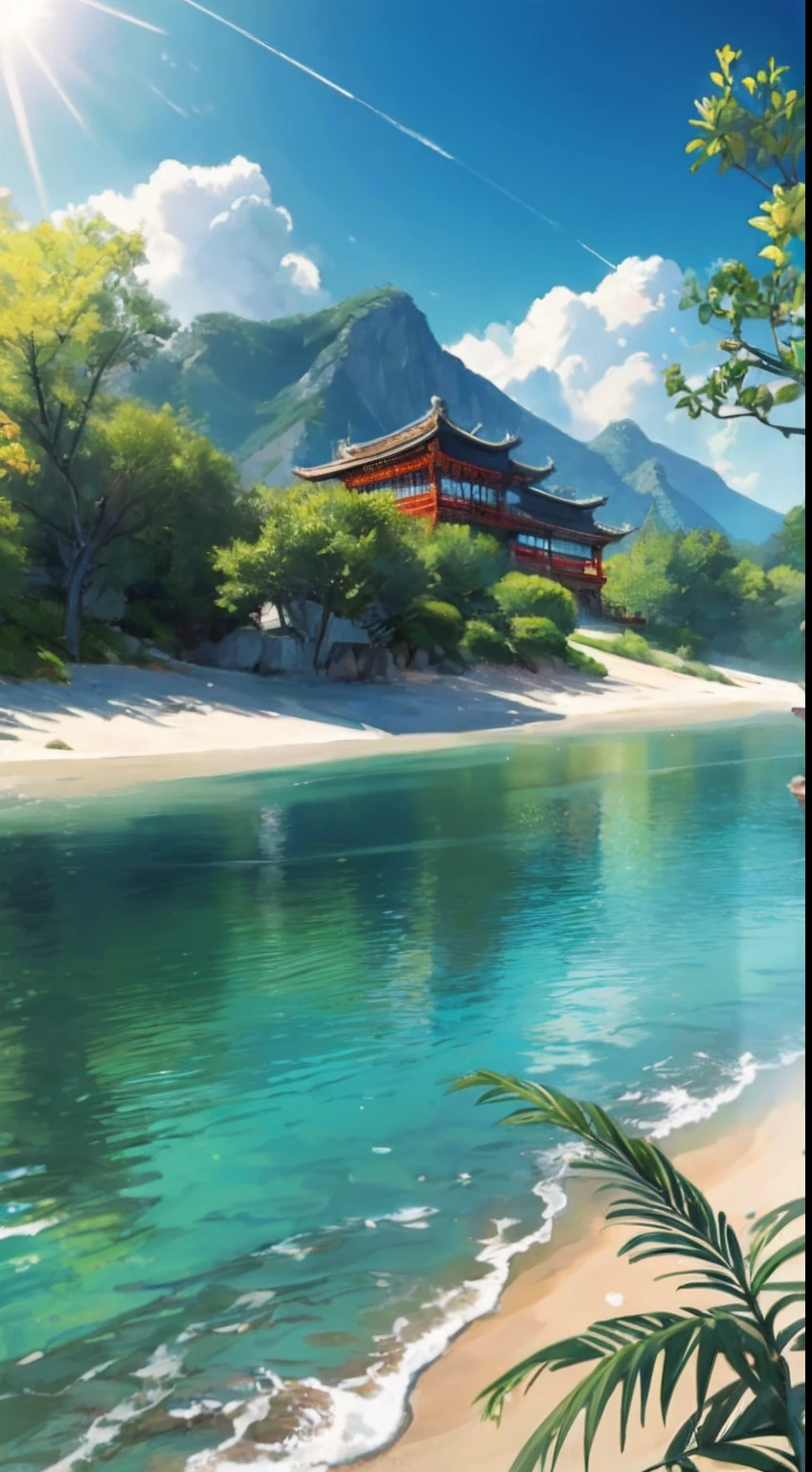 tmasterpiece,best qualtiy,Very detailed CG unity 8K wallpaper,Most Best Illustration,Best shadow,naturey,Blue sea sand,and the sun was shining brightly,The line of sight runs parallel to the beach:1.15,Classical Chinese architecture,NOhumans