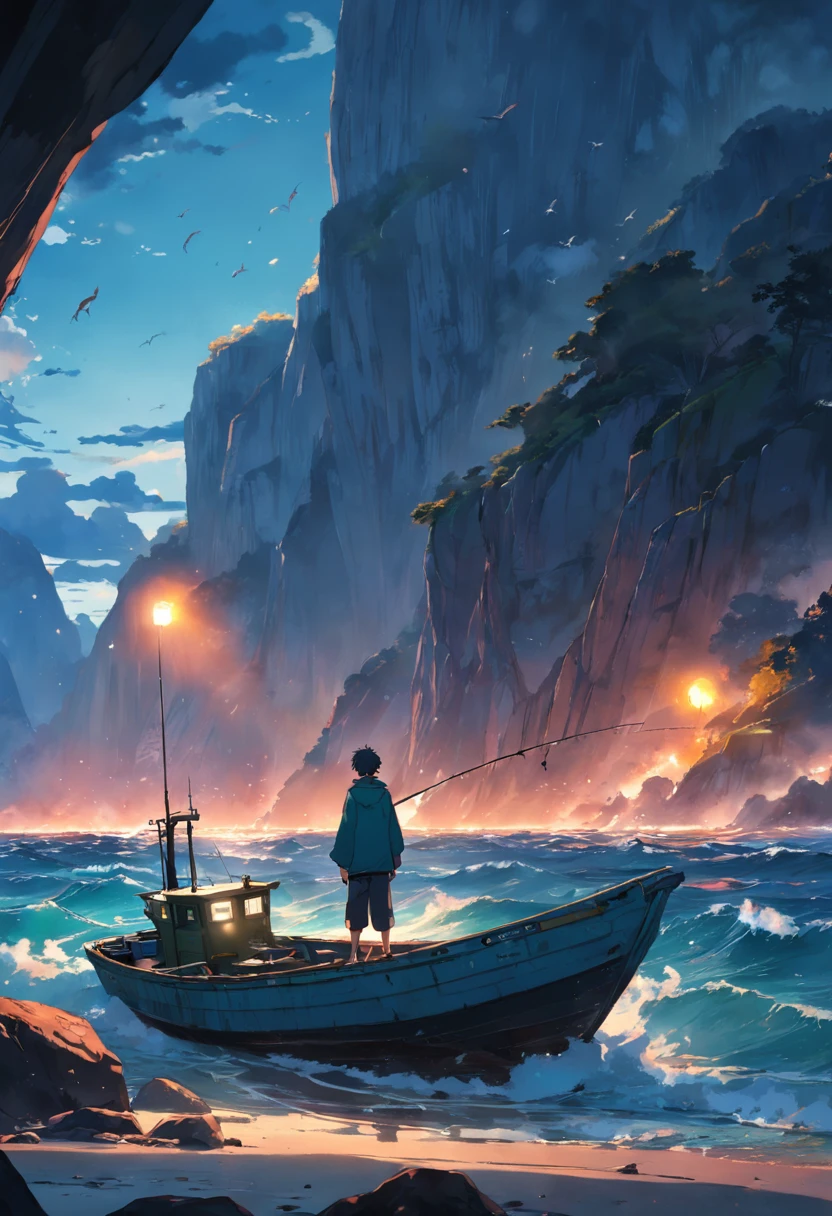 Fisherman standing at the tip of a fishing boat