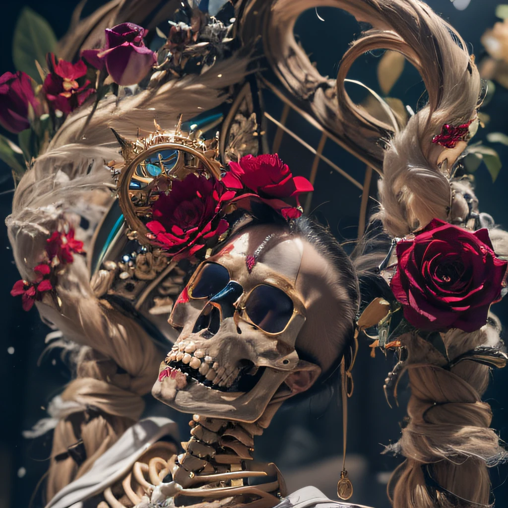near pond，32K（tmasterpiece，k hd，hyper HD，32K）Burgundy double ponytail，flower stick，Indigo Skull King ，Hold the big G steering wheel （The skeleton is realistic：1.4），Python pattern robe，Silver skull flower ornaments，Sargin linen cloak，Petals flutter，Snow red marble sunglasses，Hold your head high，Be proud，The nostrils look at people， A high resolution， the detail， RAW photogr， Sharp Re， Nikon D850 Film Stock Photo by Jefferies Lee 4 Kodak Portra 400 Camera F1.6 shots, Rich colors, ultra-realistic vivid textures, Dramatic lighting, Unreal Engine Art Station Trend, cinestir 800，Hold your head high，Be proud，The nostrils look at people，Tsundere，Petals flutter，Petals flutter，Sprinkle with gold dust，Fluttering，Impeccable，( reasonable design, Clear lines, High sharpness,Best quality, Very detailed skeleton, The skeleton of a masterpiece, offcial art, movie light effect, 4K skeleton（（（Snow red marble sunglasses）））Snow red marble sunglasses