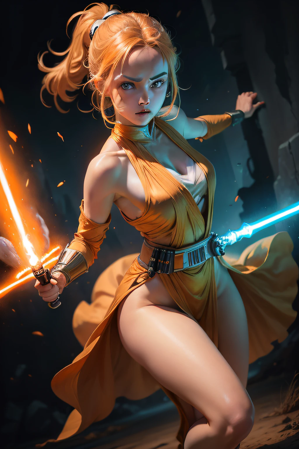 (((Masterpiece))), best quality, high resolution, dynamic angle, dynamic pose, (1girl), blue eyes, white lightsaber, orange-skinned alien, orange costume, jedi robes, powerful force abilities, intense battle scene, epic lightsaber duel, Star Wars universe, sci-fi fantasy setting.