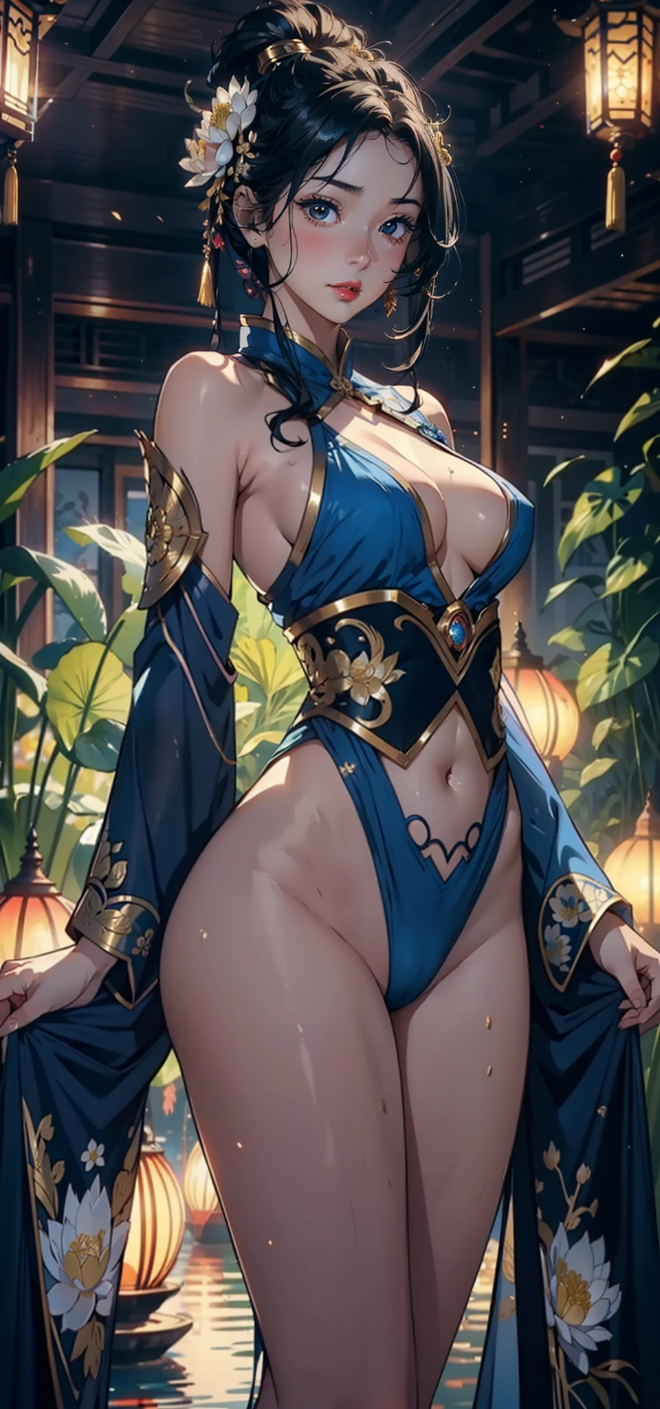 1female,36 years old,Bigchest,Raised sexy,Pornographic exposure, 独奏,(Background with:Surrounded by lotus flowers,bamboo forrest,Lotus pond,lotuses,lotus flower,china rose,rosette,chrysanthemums) She has short black hair,standing on your feet,Sweat profusely,drenched all over the body,seen from the front, hair straight, mostly cloudy sky,(((tmasterpiece),(Very detailed CG unity 8K wallpaper),best qualtiy,cinmatic lighting,detailed back ground,beatiful detailed eyes,Bright pupils,(Very fine and beautiful),(Beautiful and detailed eye description),Black eyes,Redlip,ultra - detailed,tmasterpiece,)),facing at camera,(The upper part of the body),A high resolution,ultra - detailed),revealing breasts,Bare genitalia, Bulge,legs are open,sexyposture,Camel toes,Flushed complexion,Open-mouthed,frontage,A ball head,Gold Saint Seiya,Lotus hair ornaments(Wearing:Blue transparent kimono,Blue streamer surrounds,Gold wire embroidery,Iron Man uniform)